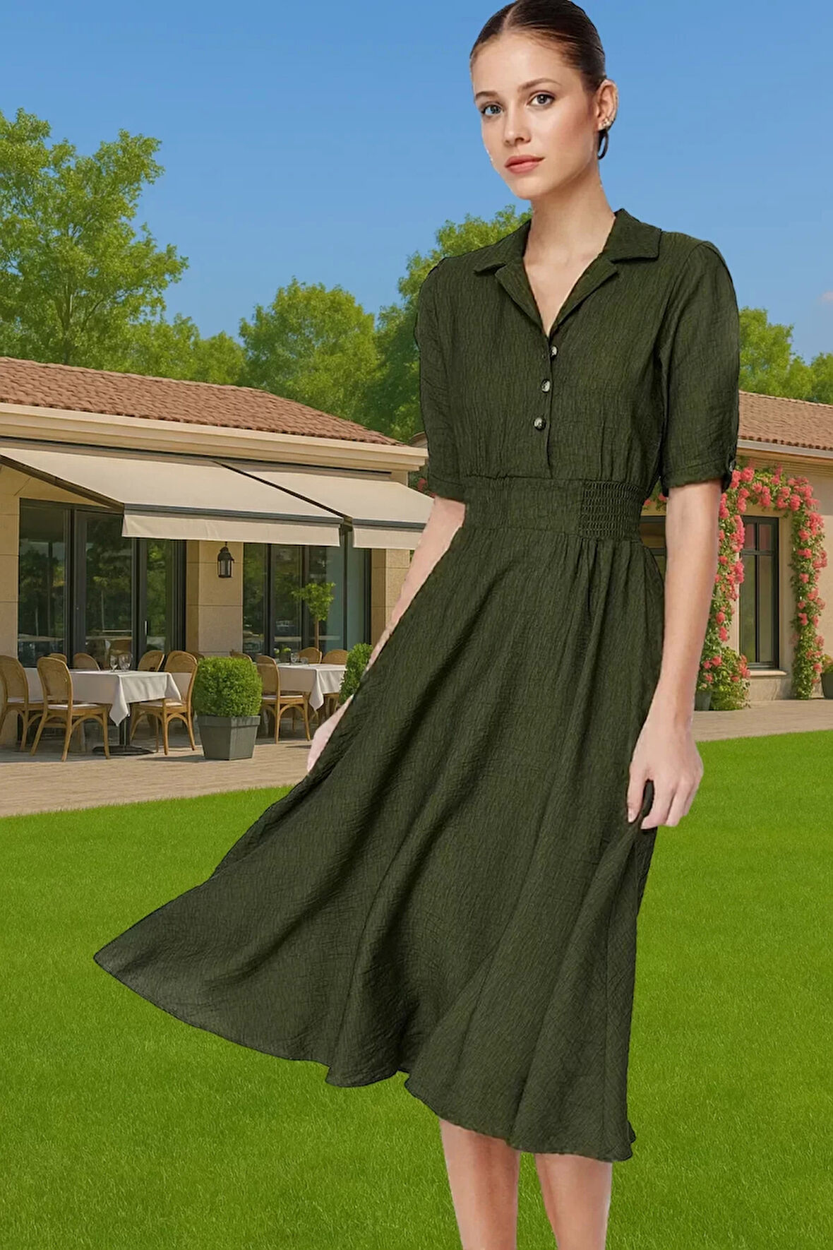 A Kesim Gipeli Midi Elbise Balon Kol Viskoz Günlük Kombin Uzun Ömürlü Özenle Seçilmiş Mükemmel Uyum