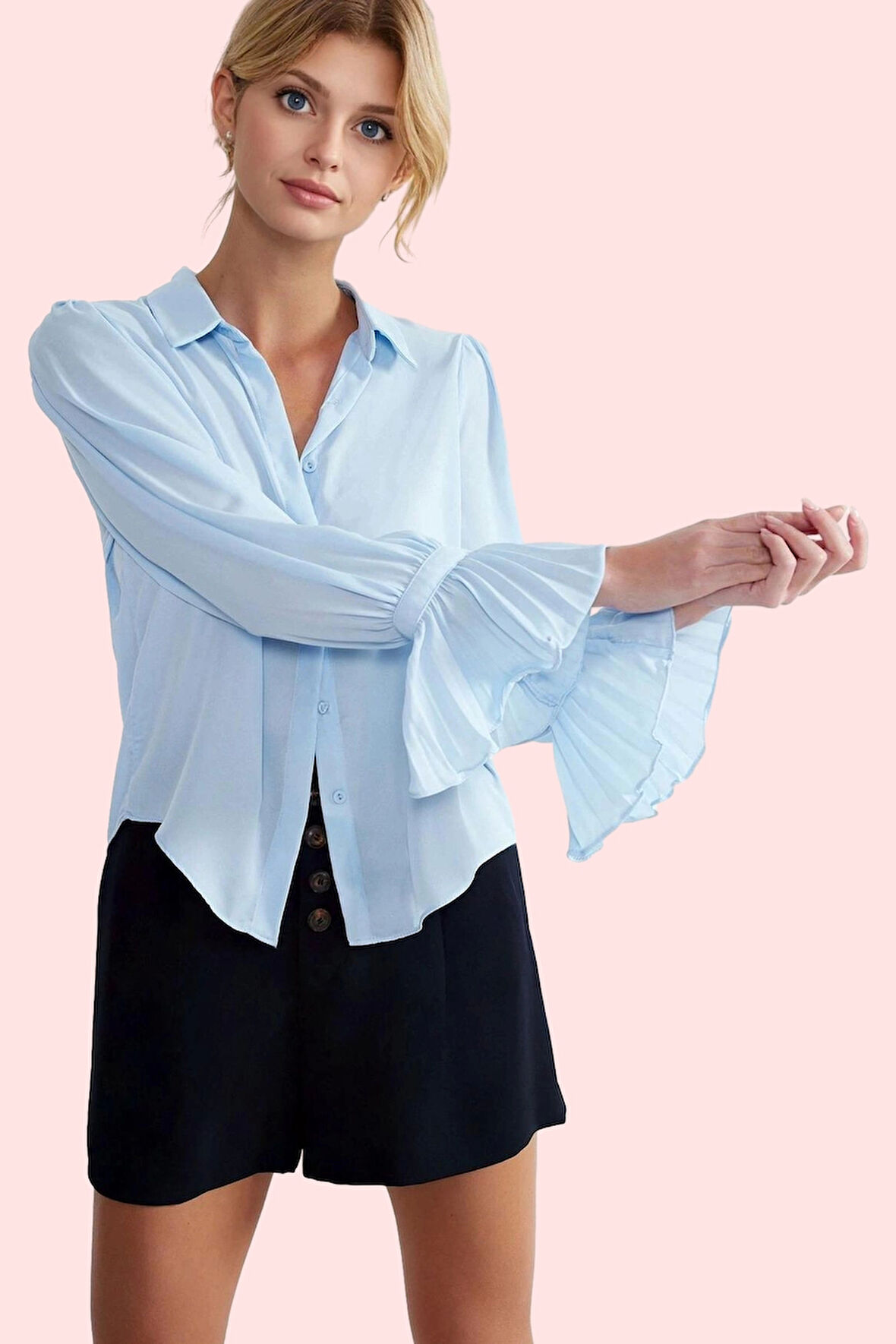 Kadın Dokuma Gömlek İspanyol Kol Düz Desen Regular Kalıp İş ve Günlük Kullanım İçin Hafta Sonu