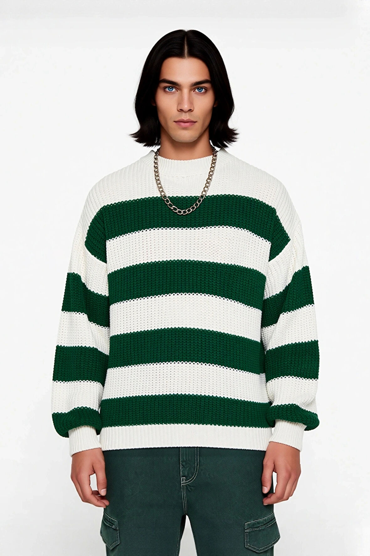 Erkek Basic Koleksiyon Uzun Kollu Rahat Çizgili Bisiklet Yaka Akrilik Oversize Triko Kazak