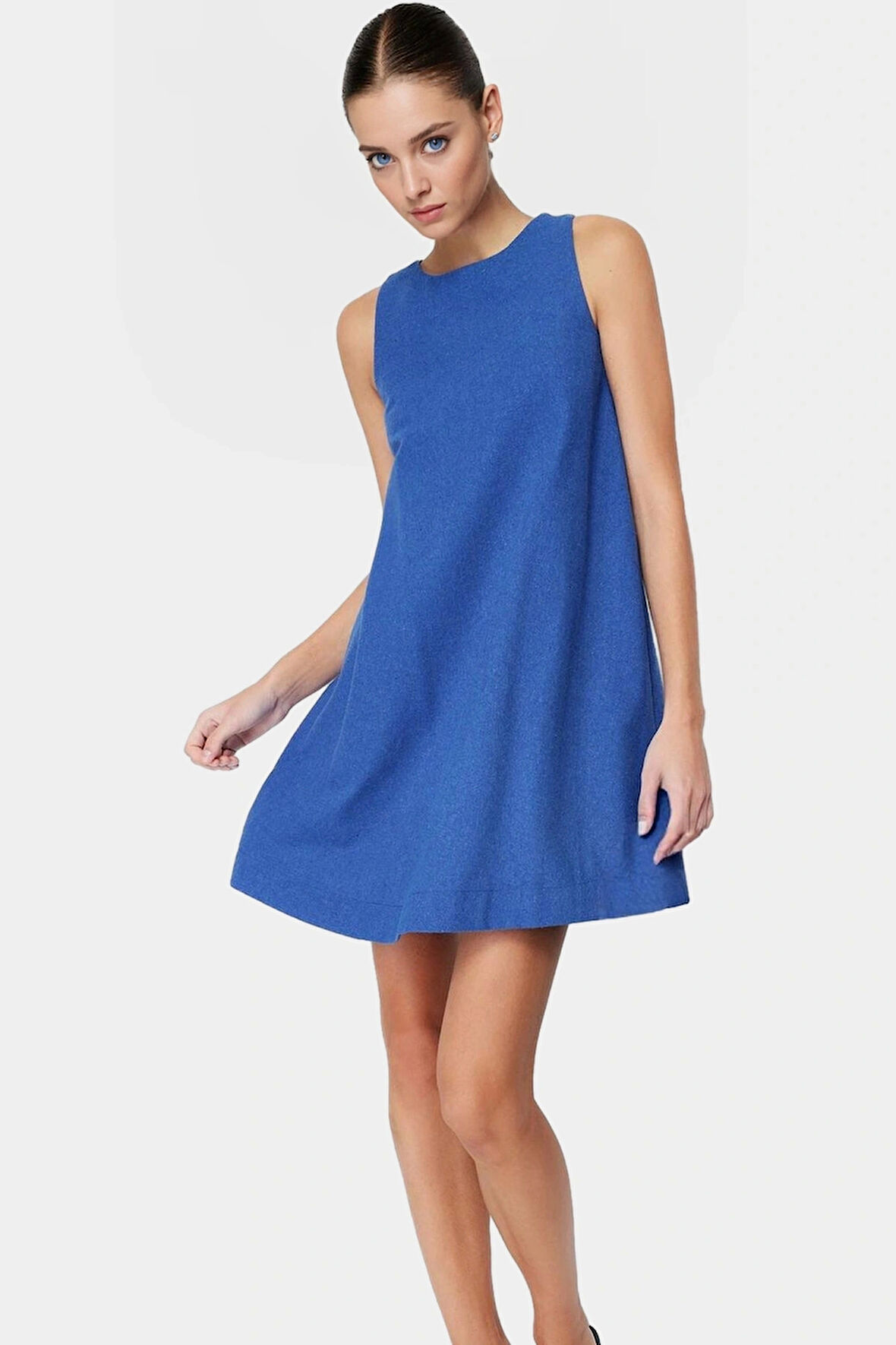 Rahat Geniş Kesim Mini Elbise Keten Görünümlü Yazlık Seçkin Malzeme Profesyonel Görünüm