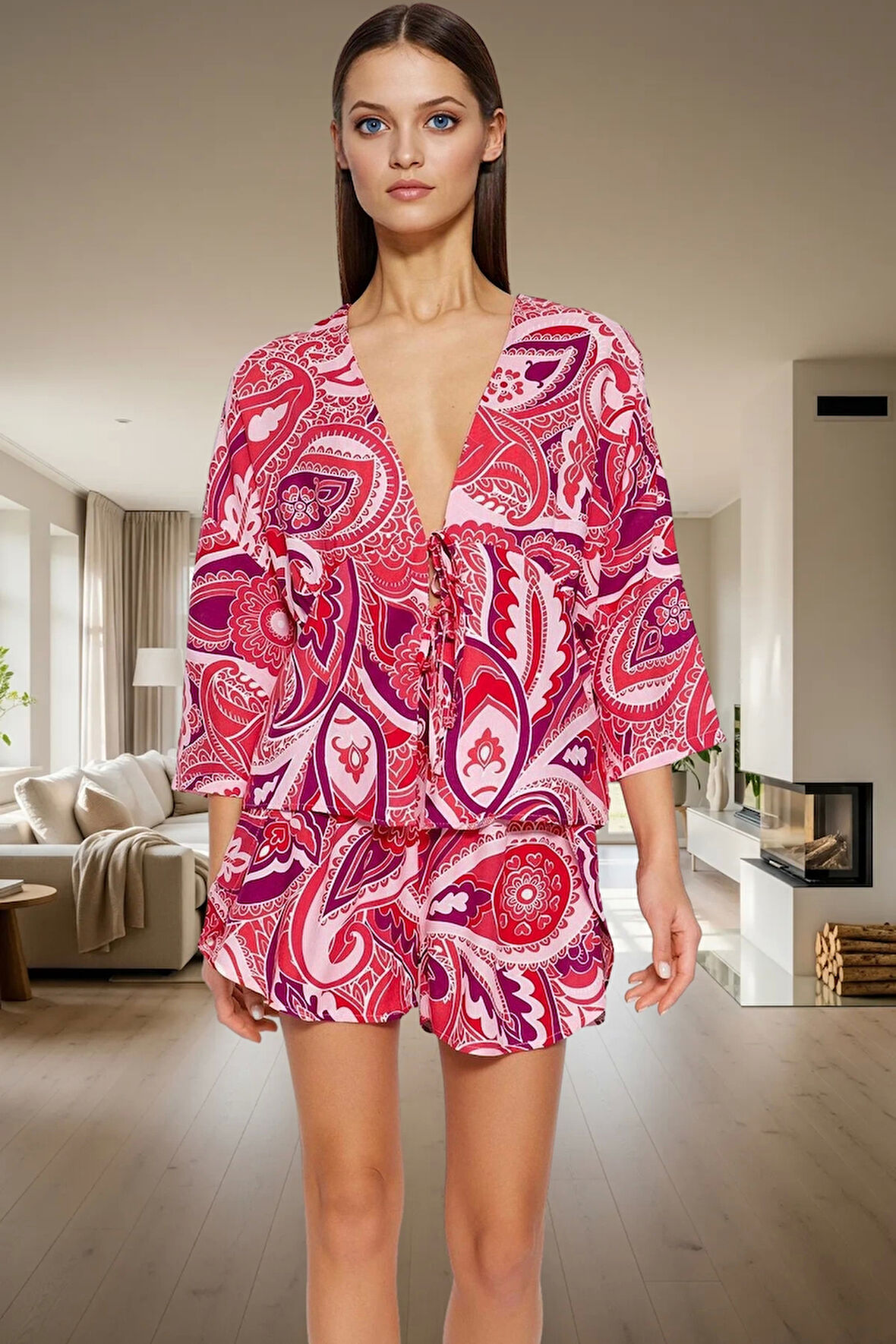 Rahat Viskoz Pijama Takımı Etnik Desenli Bağlamalı Şortlu Homewear Ve Şık Özenle Seçilmiş