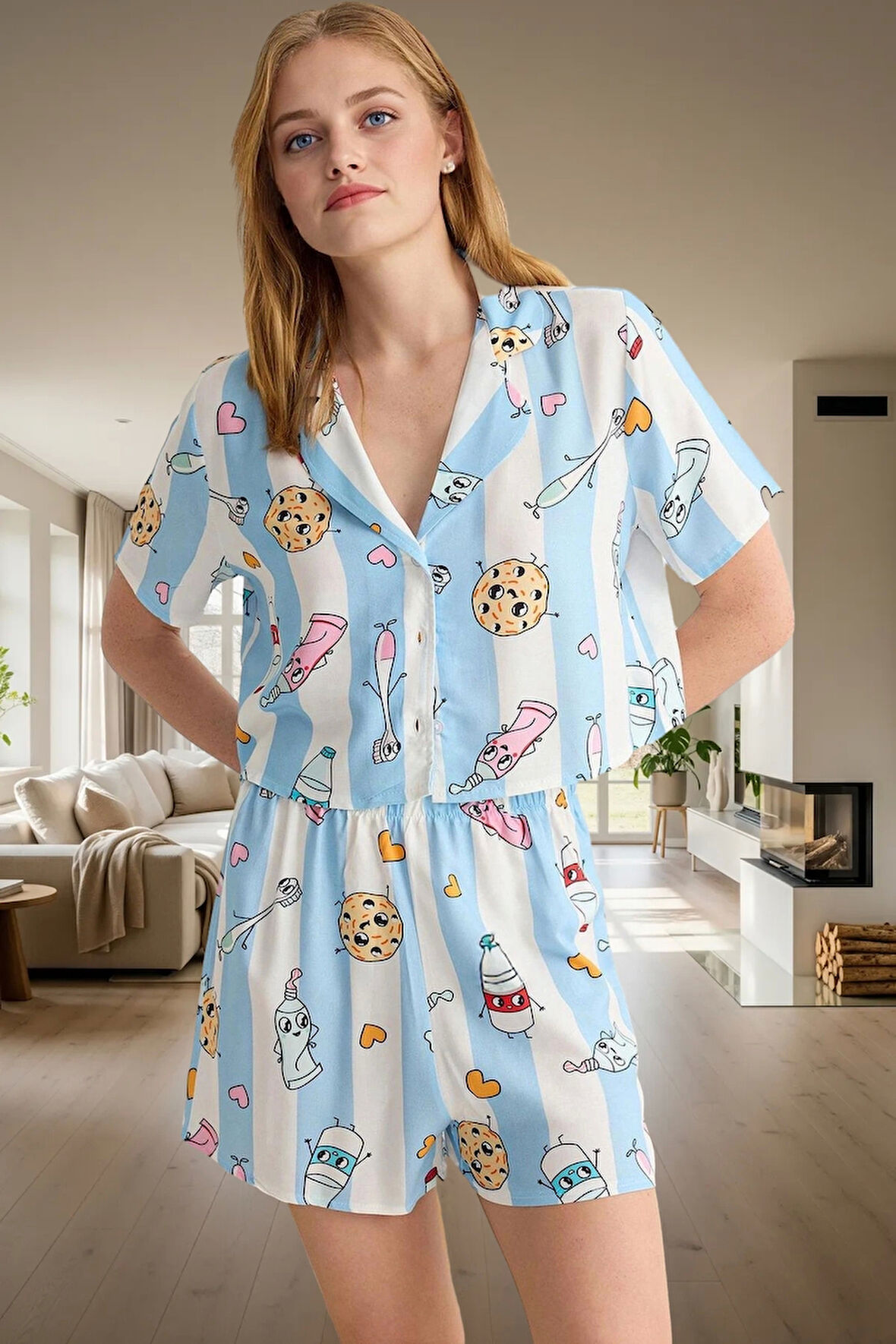 Anne Kız Pijama Takımı Rahat Şık Baskılı Viskoz Dokuma Şortlu Konforlu Kesim Özenle Seçilmiş