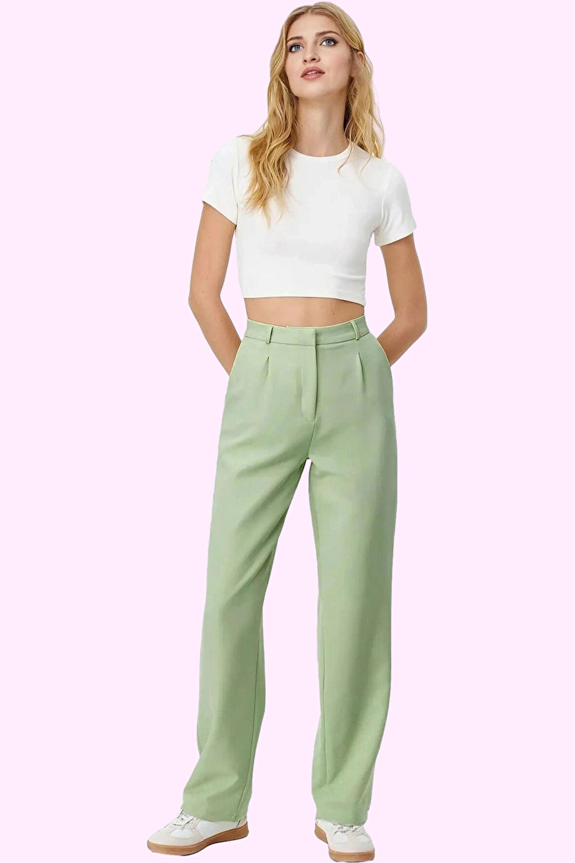 Kadın Yüksek Bel Geniş Paça Dokuma Pantolon Çift Cepli Casual Ofis Yaz Aylarının Vazgeçilmezi