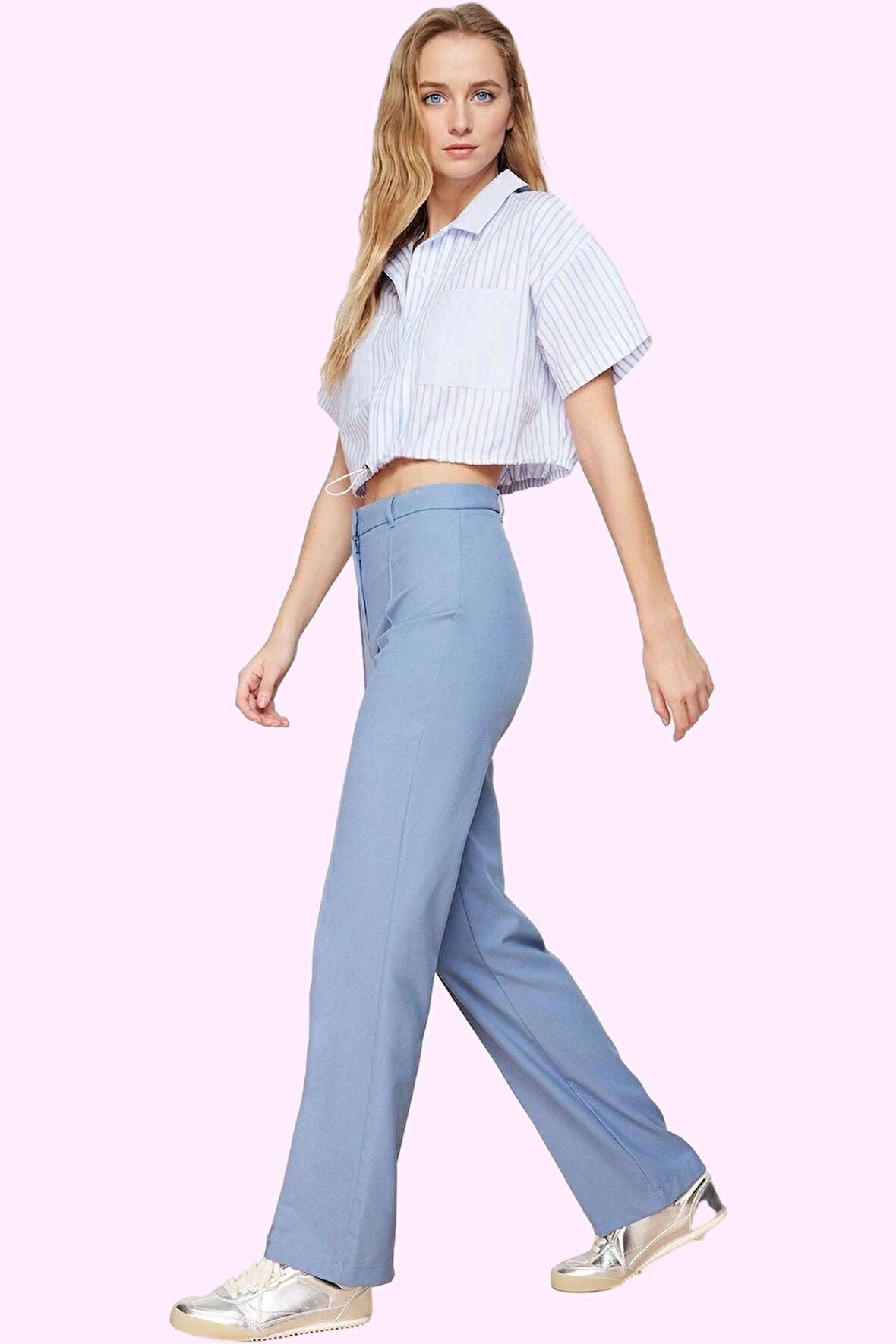 Kadın Straight Düz Kesim Uzun Pantolon; Yüksek Bel Dokuma Kumaş Günlük Yaz Aylarının Vazgeçilmezi