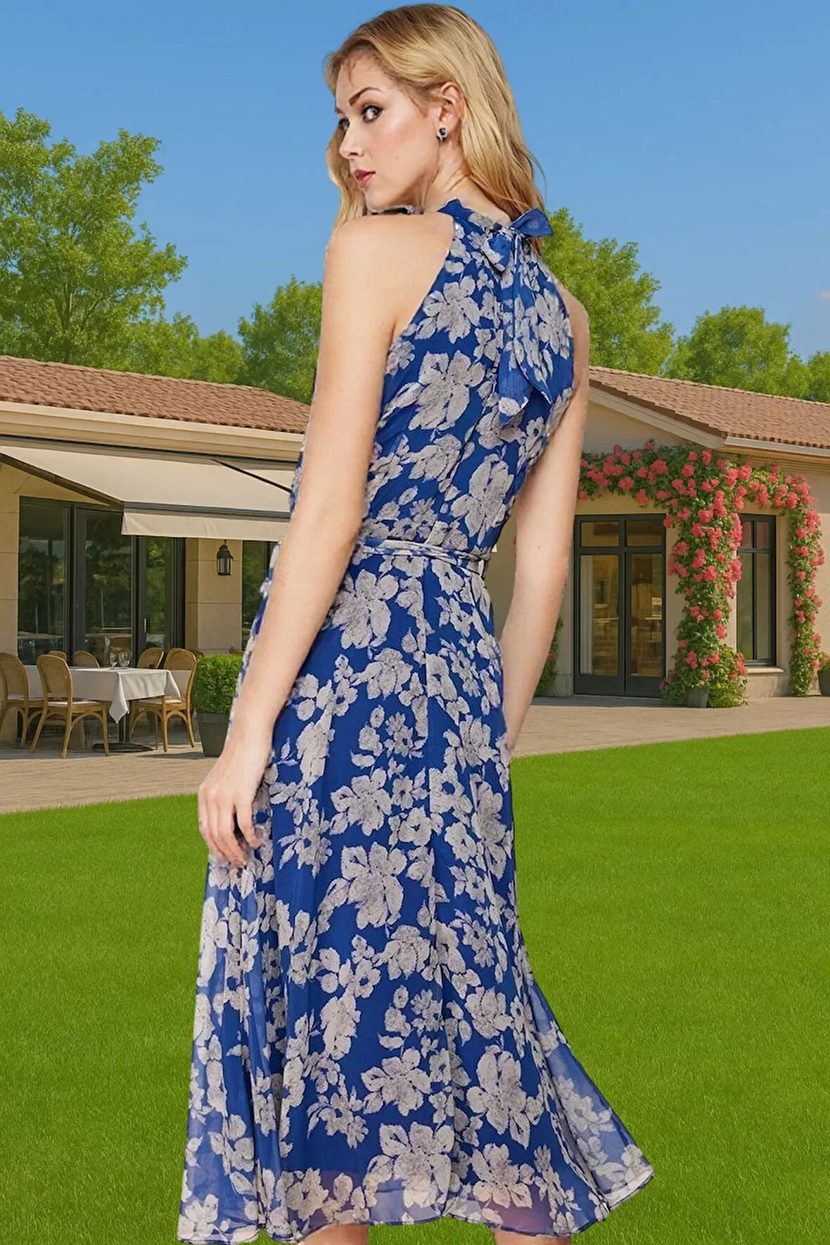 Astarlı Şifon Halter Yaka Kuşaklı Midi Elbise Yazlık Rahat Konforlu Kesim Günlük Kullanım İçin