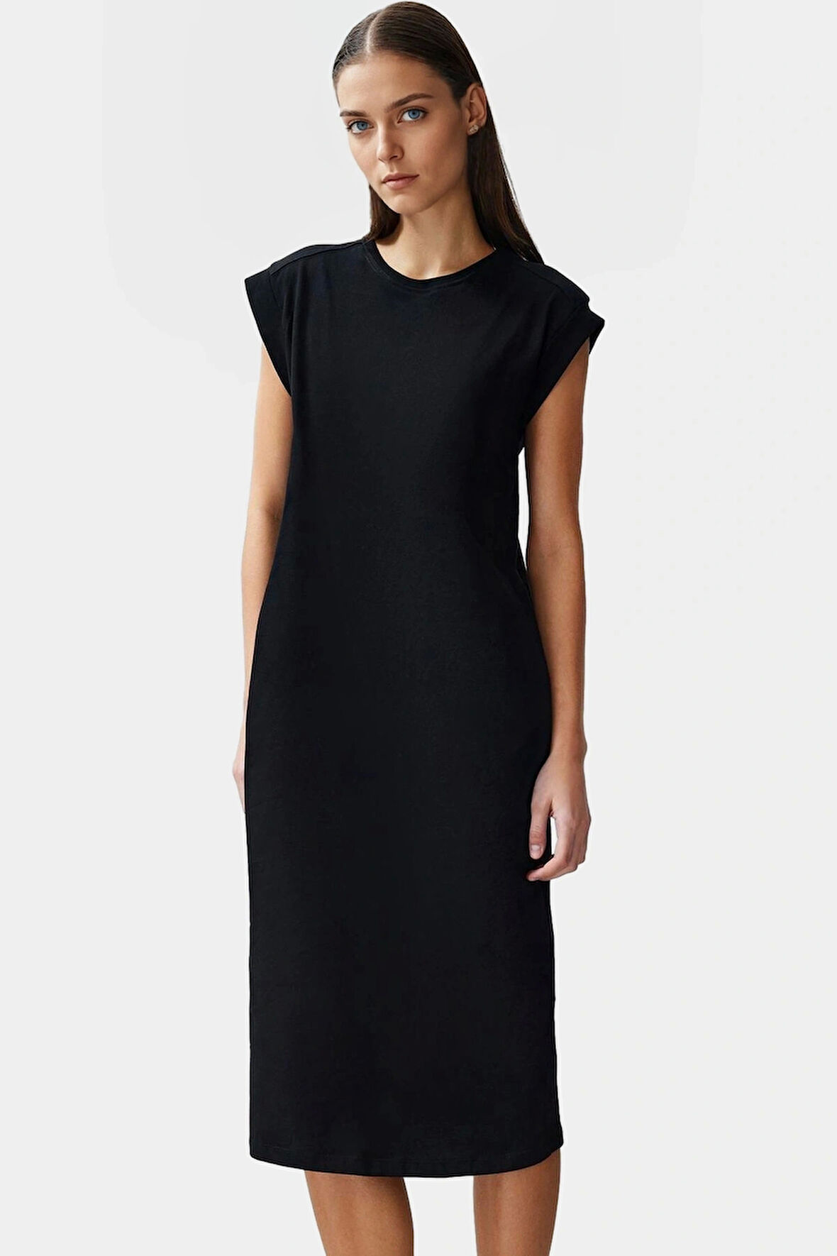 Pamuklu Rahat Kesim Midi T shirt Elbise Renk Ay Kol Düz Desen Modern Stil