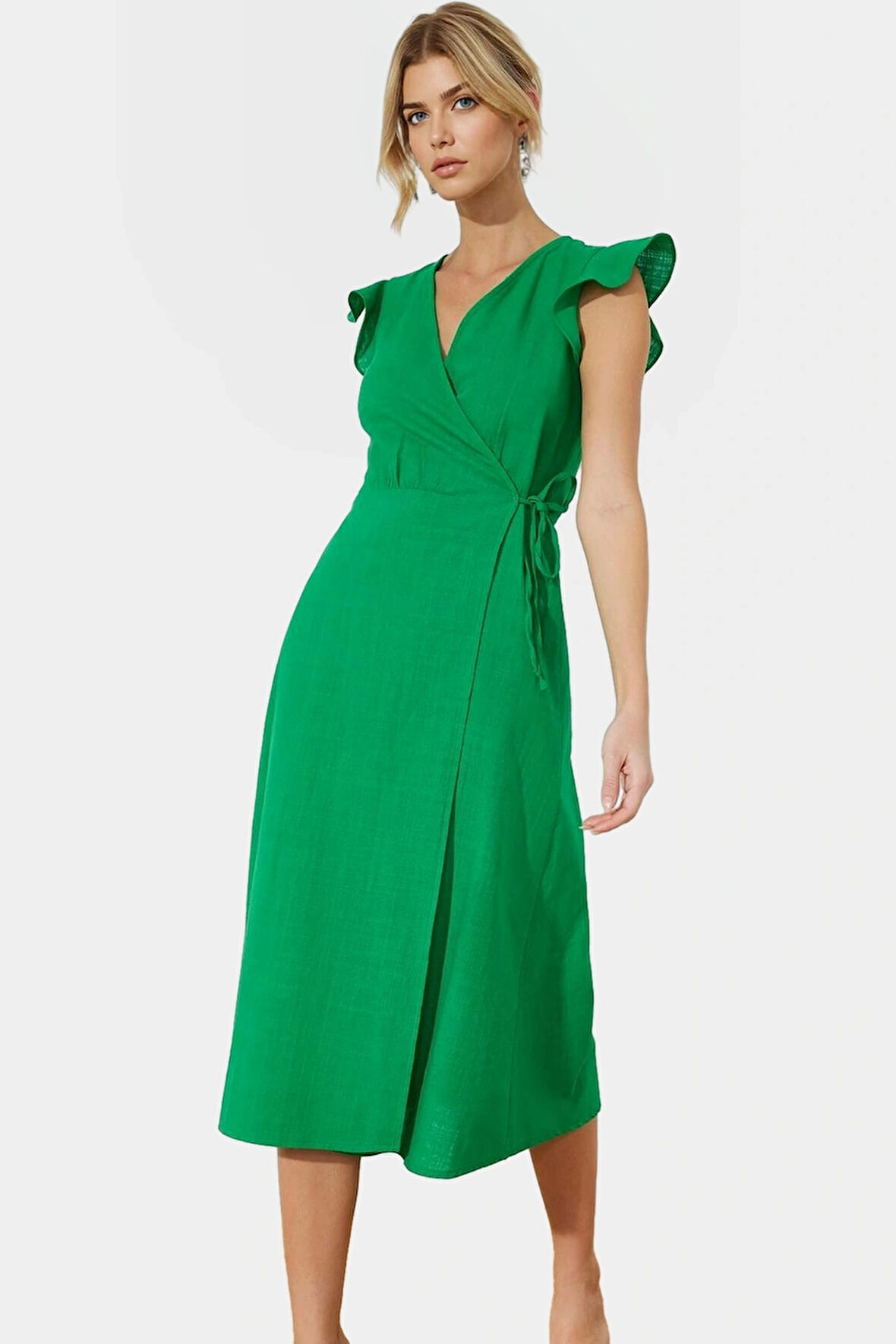 Kısa Kollu Keten Görünümlü Midi Elbise V Yaka Kruvaze Rahat Kalıp Mükemmel Uyum Yüksek Kalite