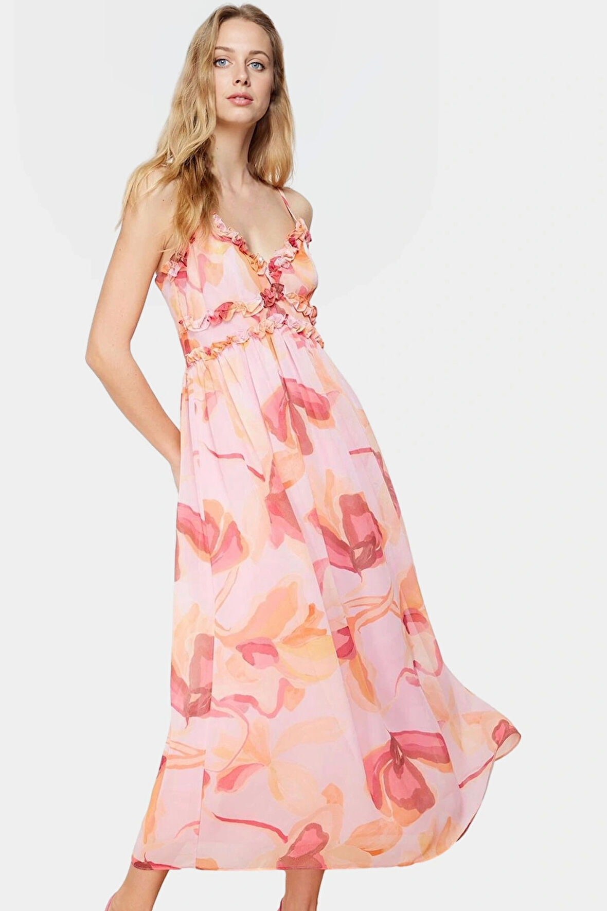 Çiçek Desenli A Kesim Maxi Elbise Şifon Kumaş V Yaka Astarlı Rahat Ve Şık Trend Tasarım