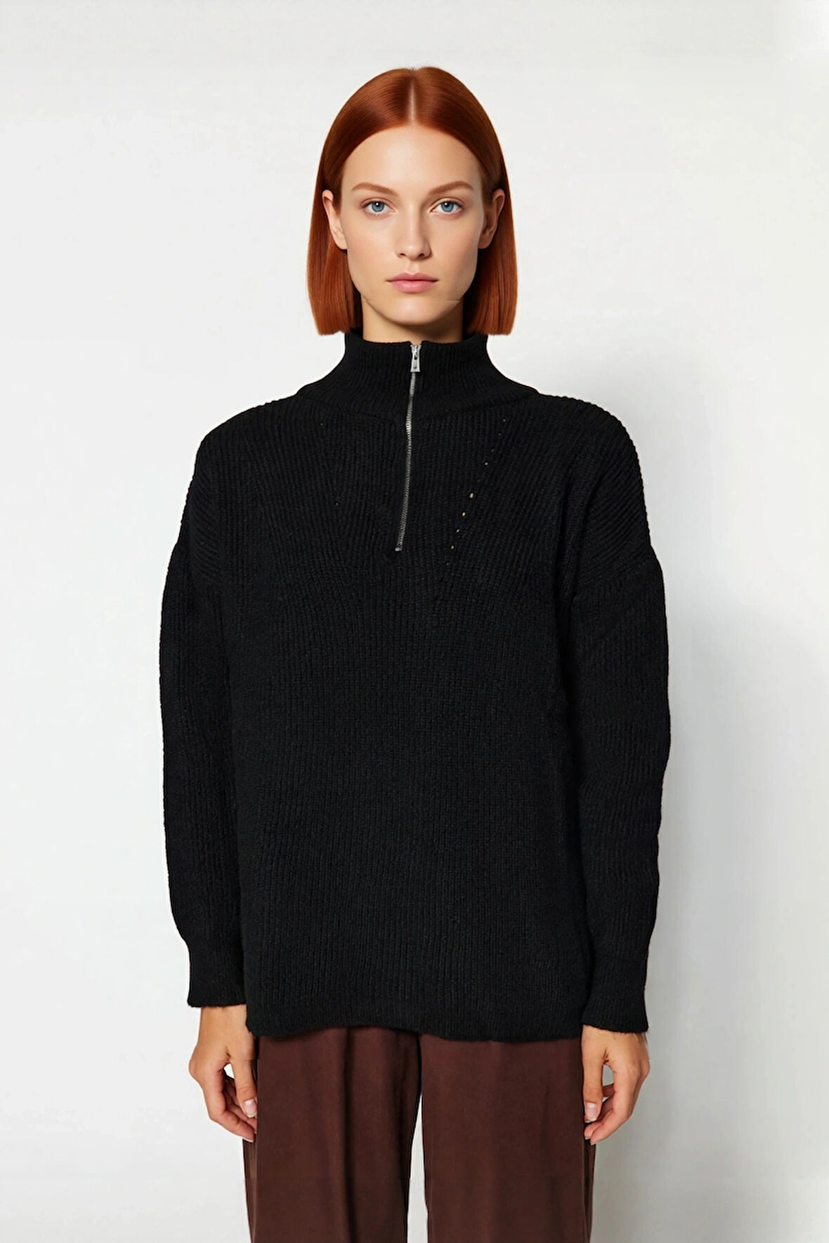 Kadın Oversize Basic Dokulu Uzun Kollu Fermuarlı Dik Yaka Selanik Örgü Triko Kazak Kaliteli