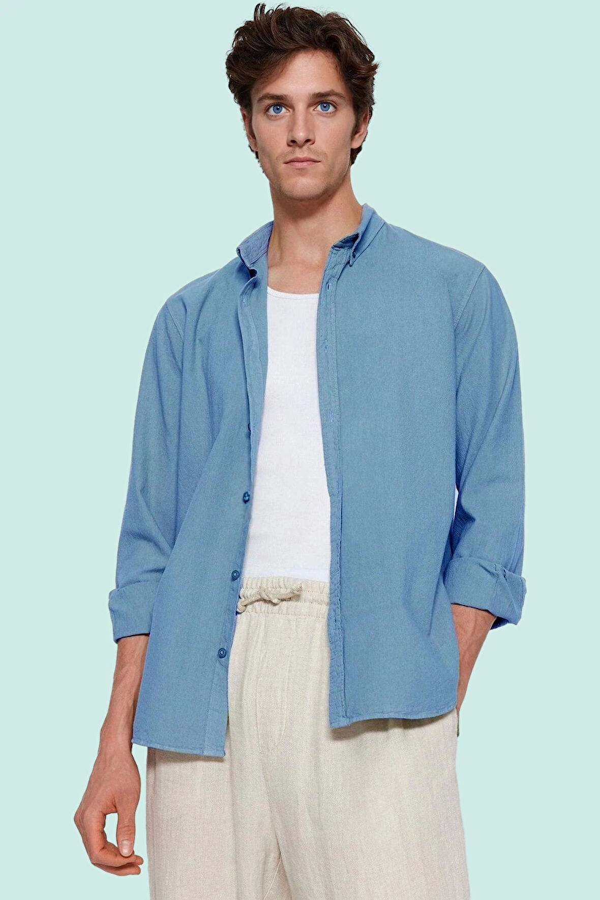 Erkek Pamuklu Keten Görünümlü Gömlek Regular Fit Rahat Günlük Stil Yaz Aylarının Vazgeçilmezi