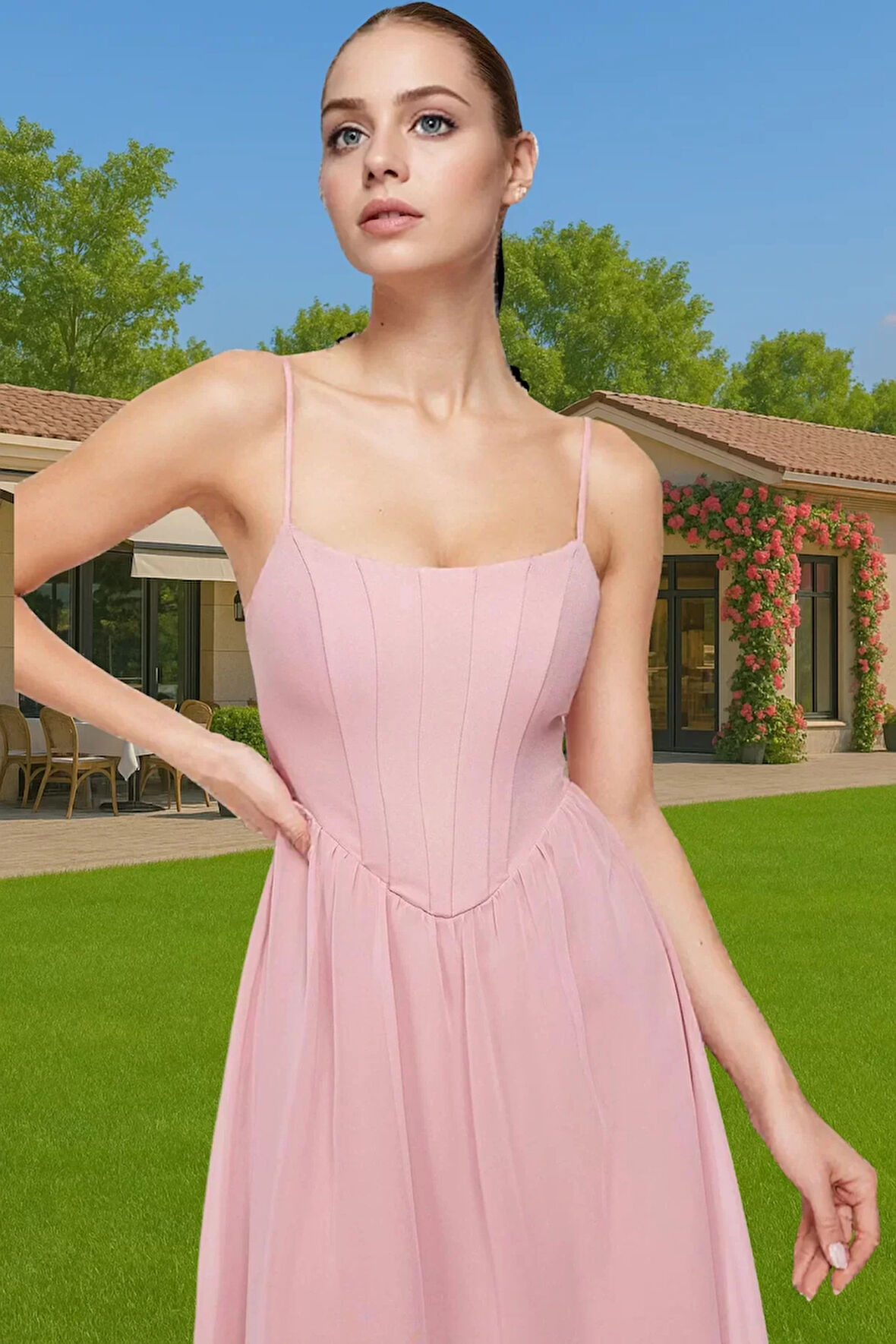 Astarlı Korse Detaylı Şifon Midi Abiye Elbise Kaliteli İşçilik Özenle Seçilmiş Özel Tasarım