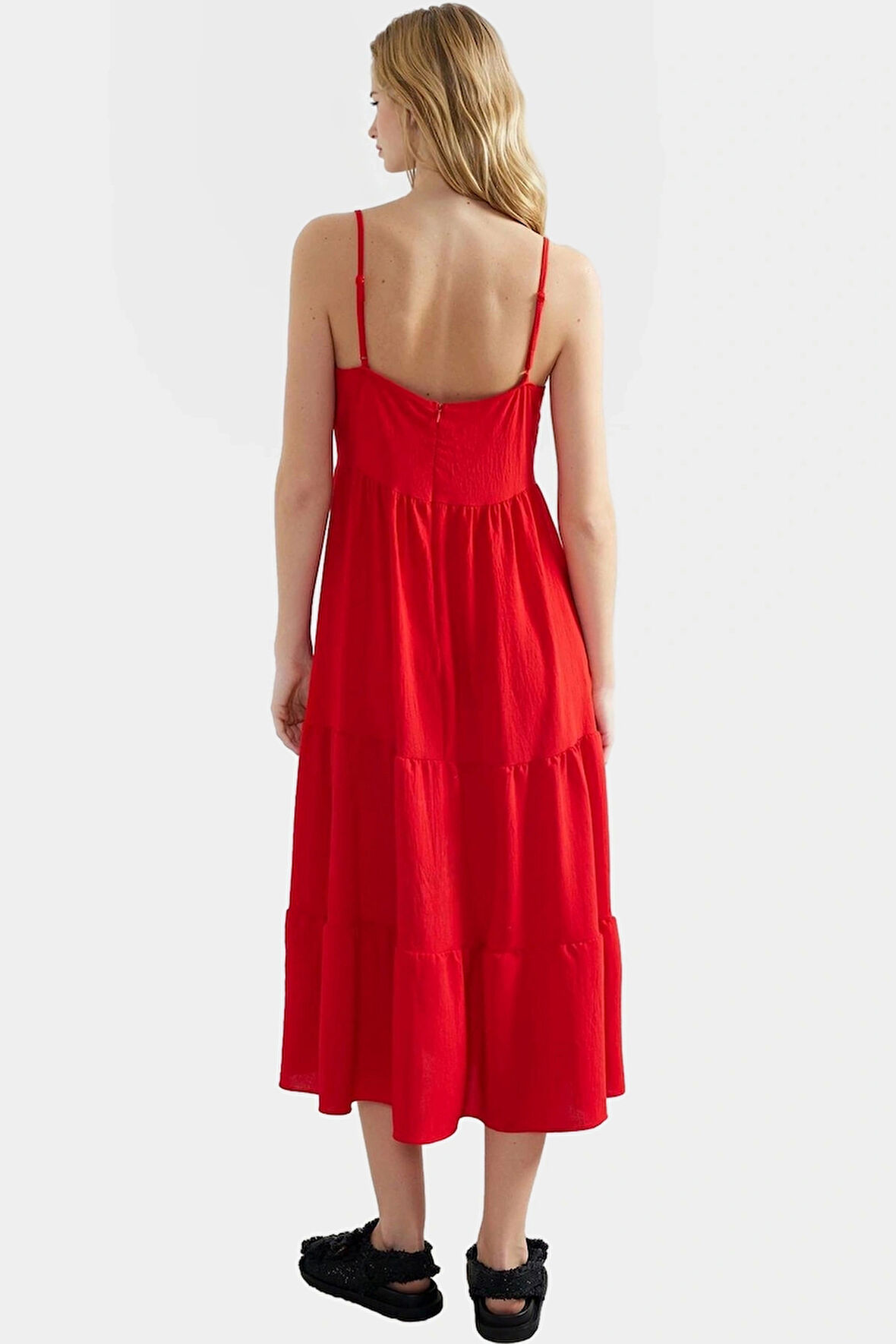 Polyester Dokuma Midi Elbise Renk Skater Kalıp Kolsuz Belden Açılan Etek Mükemmel Uyum