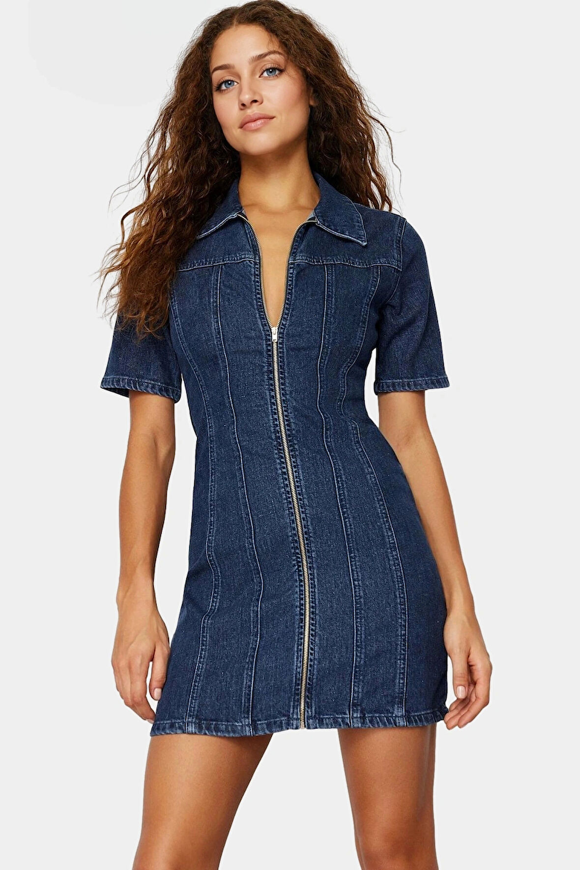 Kısa Kollu Bodycon Denim Elbise Fermuarlı Gömlek Yaka Rahat Günlük Kaliteli İşçilik Kullanım