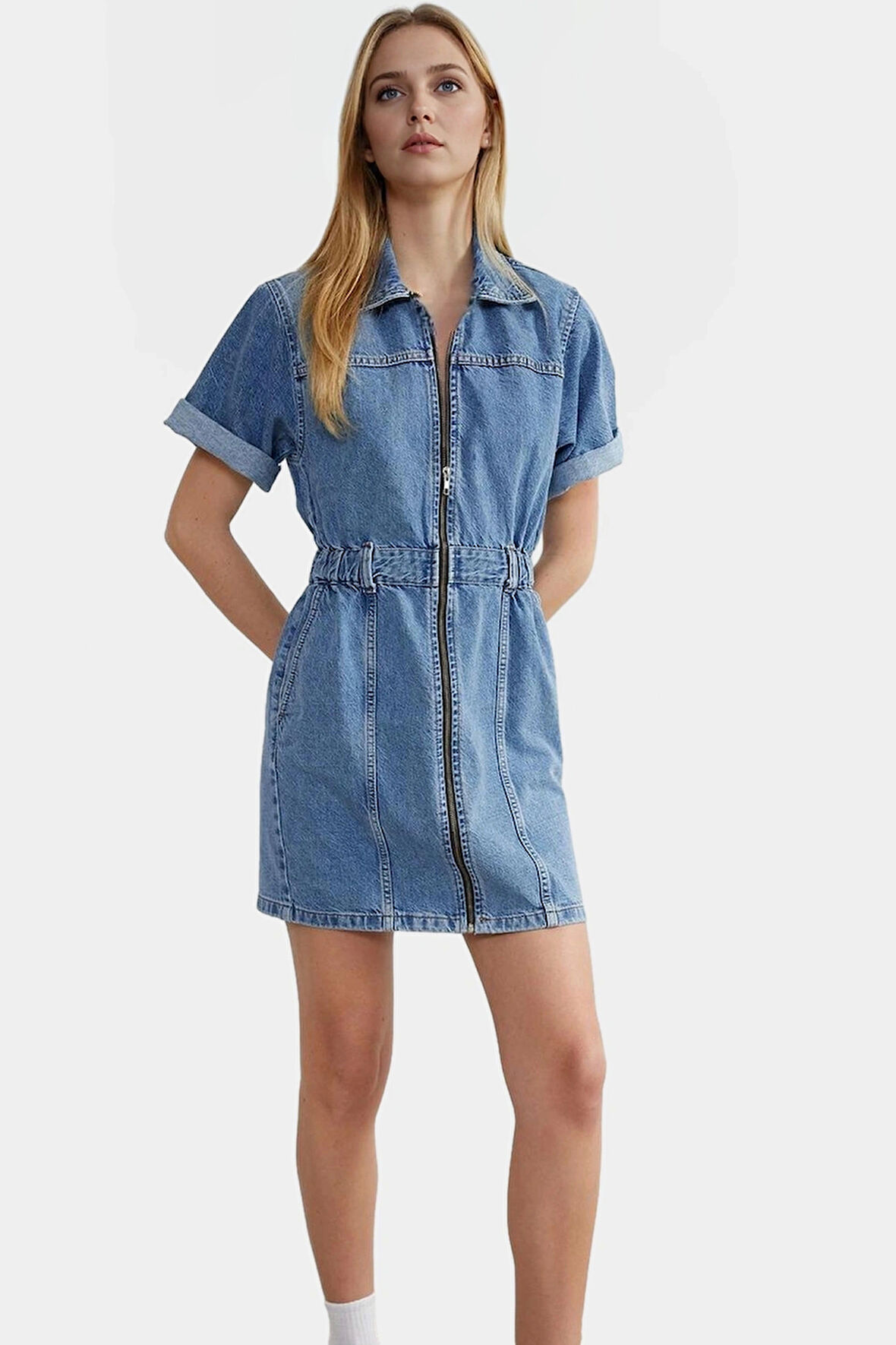 Kadın Denim Mini Elbise Fermuar Standart Kol Bodycon Kalıp Yüksek Kalite Şık Görünüm