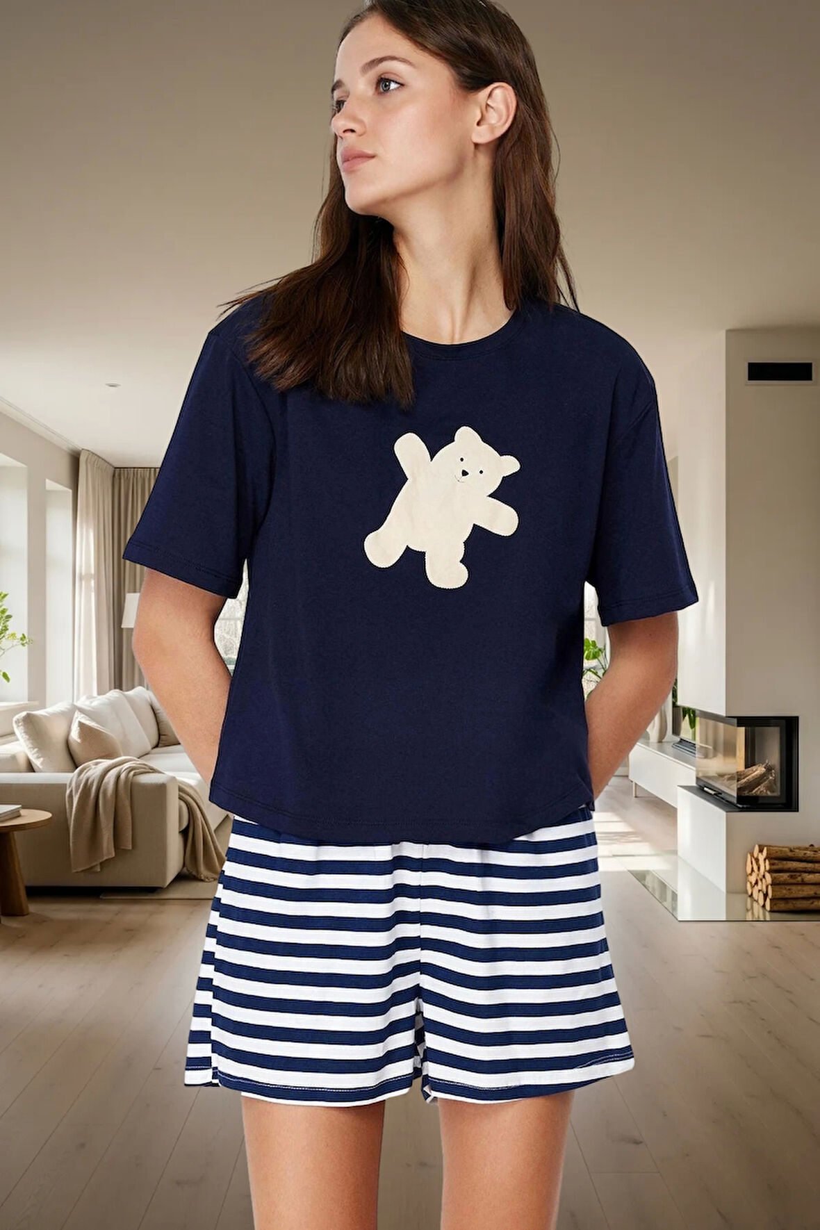 Ayıcıklı Yazlık Pijama Takımı %100 Pamuk Kısa Paça Çizgili Şık Görünüm Özenle Seçilmiş