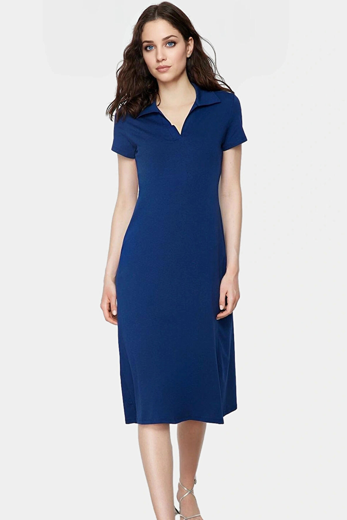 Pamuklu Likralı Penye Midi Elbise Renk Skater Kalıp Polo Yaka Profesyonel Görünüm