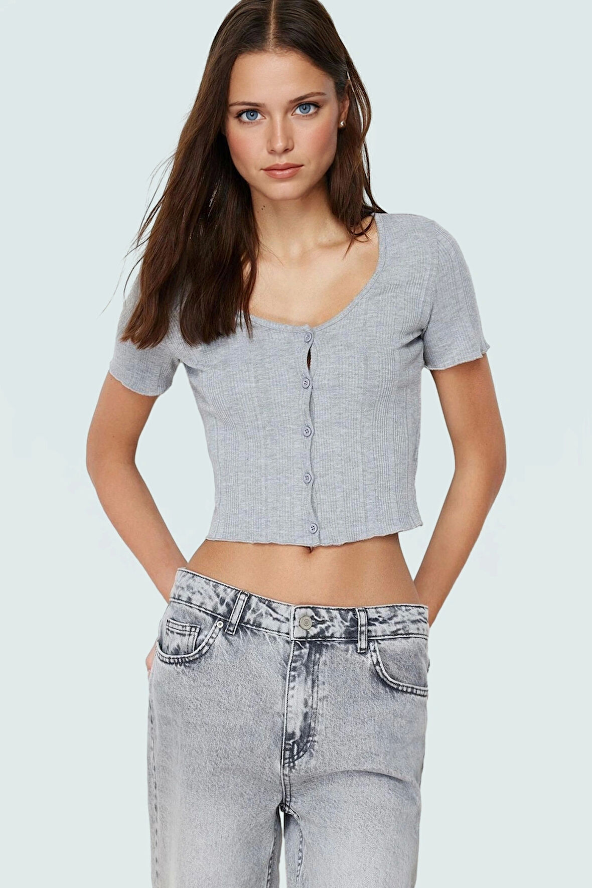 Rahat Örme Bluz Havuz Yaka Kısa Kol Crop Polyester Yazlık Seçkin Malzeme Dayanıklı