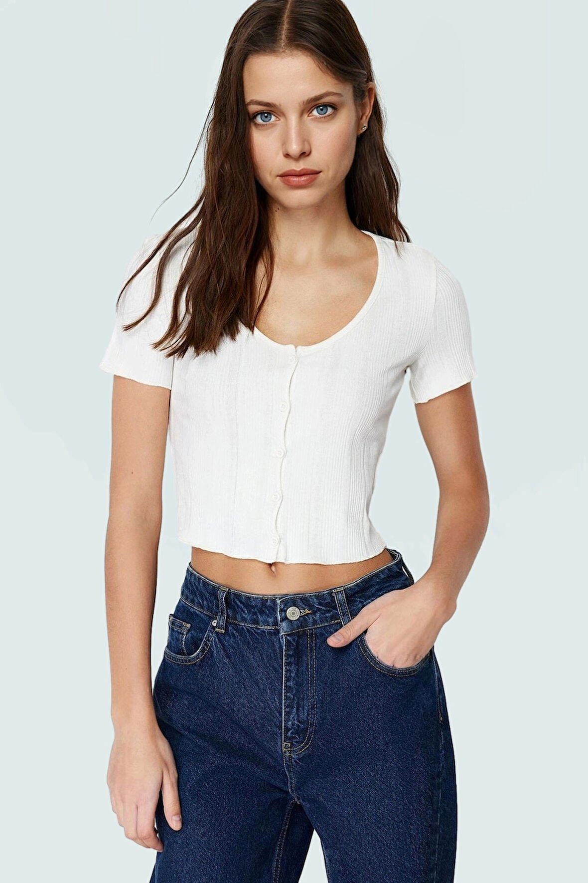 Rahat Örme Bluz Havuz Yaka Kısa Kol Crop Polyester Yazlık Seçkin Malzeme Dayanıklı