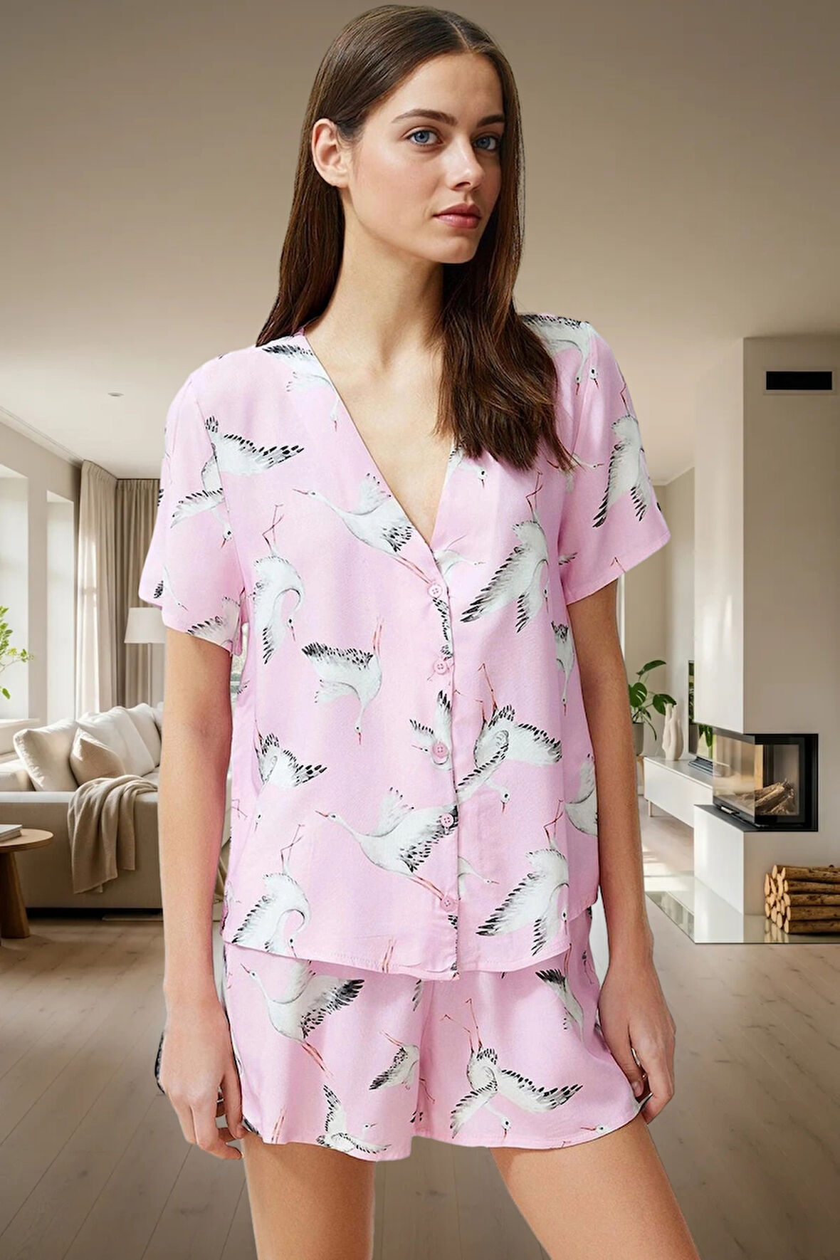 Viskon Pijama Takımı Leylek Desenli Kısa Kollu Şortlu Rahat Kalıp Premium Kalite