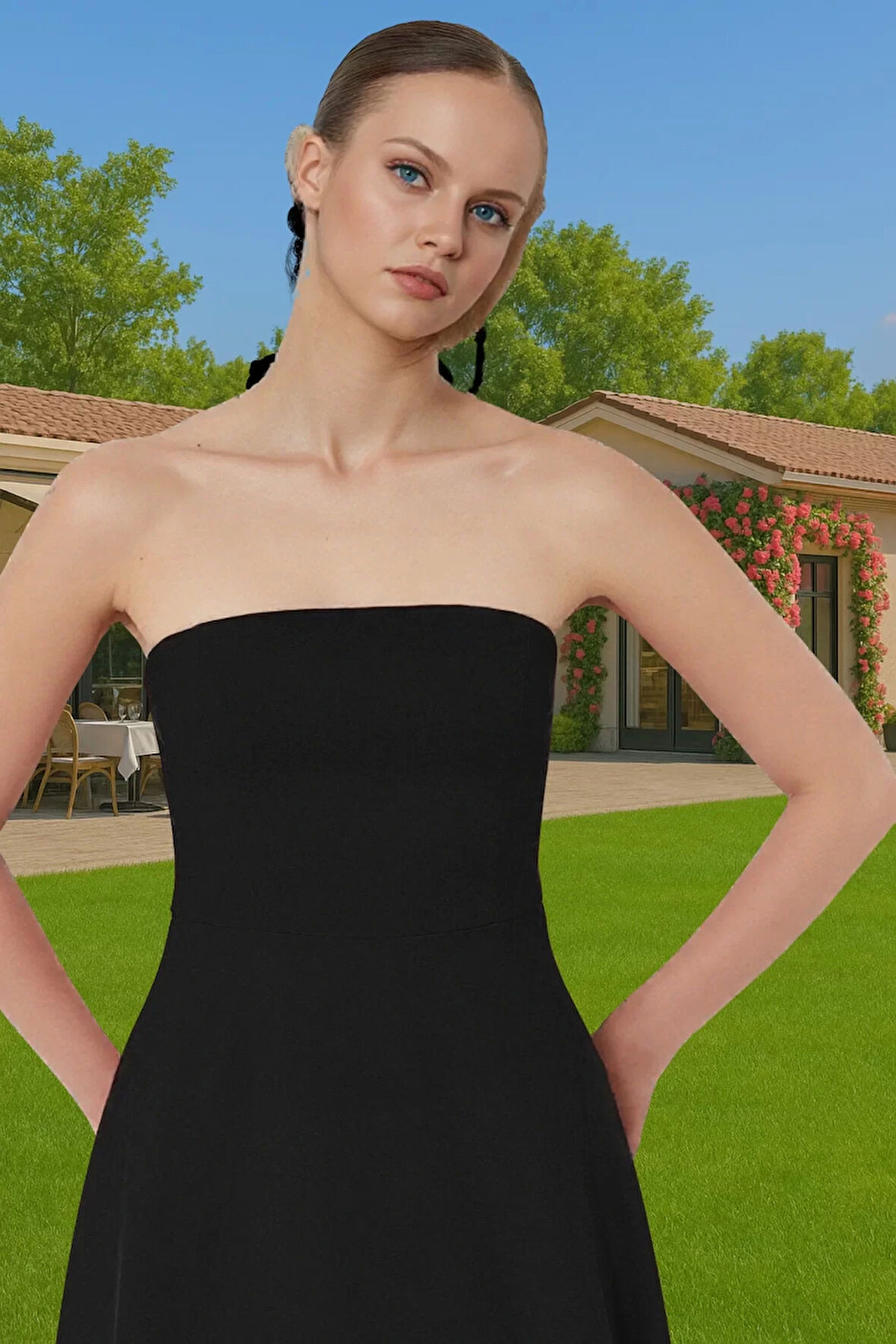 Şık A Kesim Straplez Midi Elbise Finike Dokuma Polyester Elastan Konforlu Kesim Rahat Ve Şık