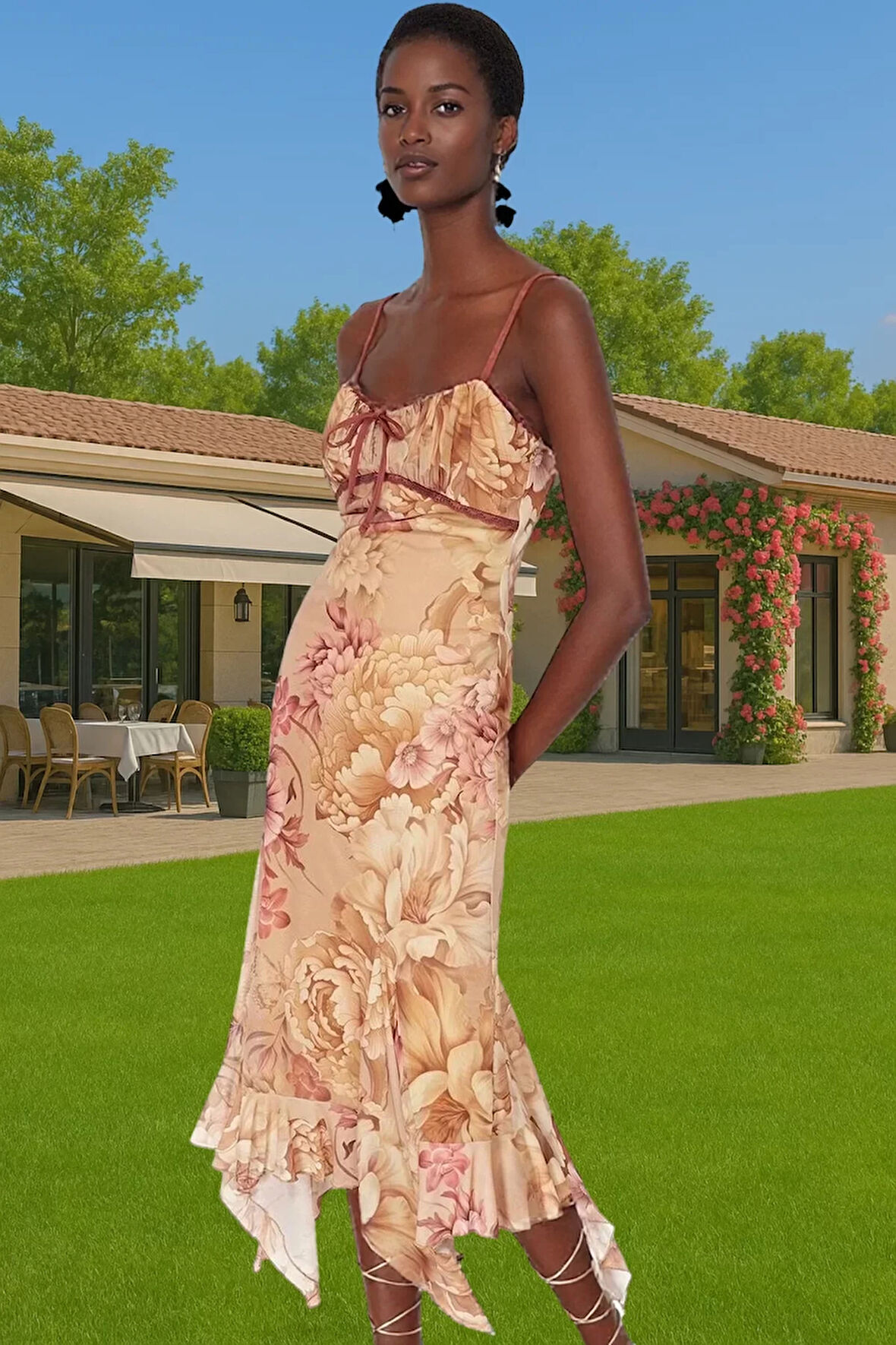 Feminen A Kesim Örme Tül Elbise Çiçek Desenli Yazlık Mükemmel Uyum Mükemmel Uyum Mükemmel Uyum