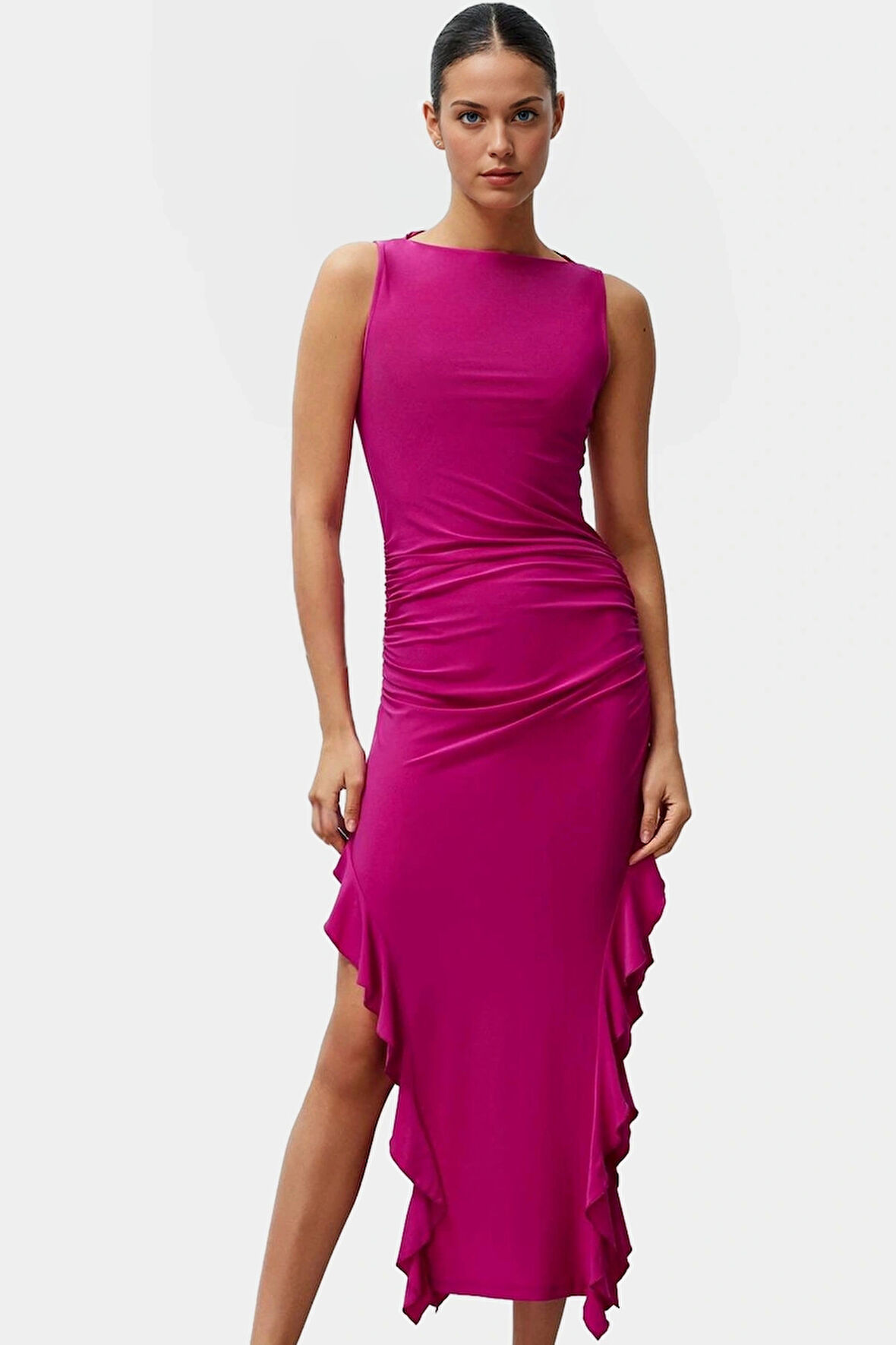 Bodycon Maxi Elbise Esnek Fırfırlı Kayık Yaka Yazlık Seçkin Malzeme Trend Tasarım