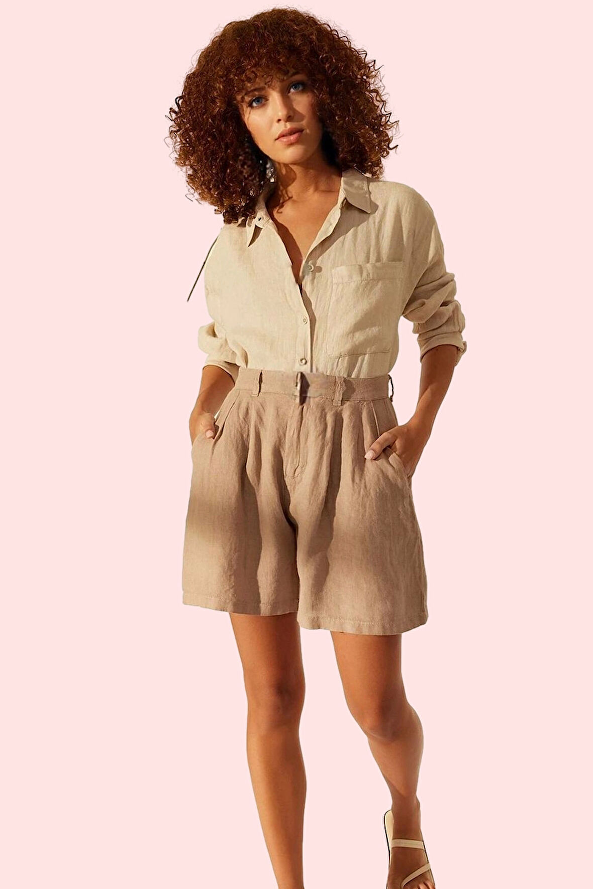 Kadın Keten Geniş Paça Kısa Şort Düz Desenli Yüksek Bel City Short Kalıp Rahat Günlük Hafta Sonu