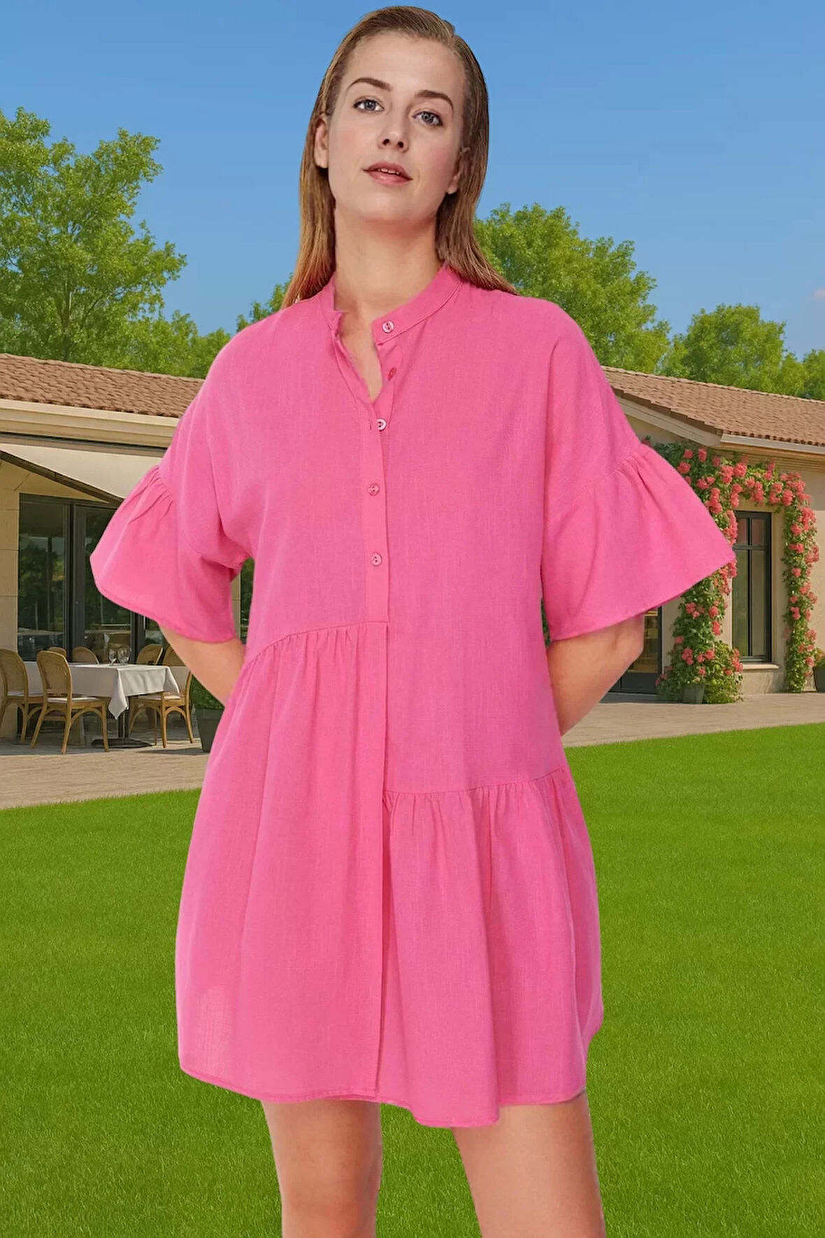 Kadın A line Flamlı Pamuk Mini Elbise Yazlık Plaj Stili Modern Stil Dayanıklı Malzeme Seçkin Malzeme