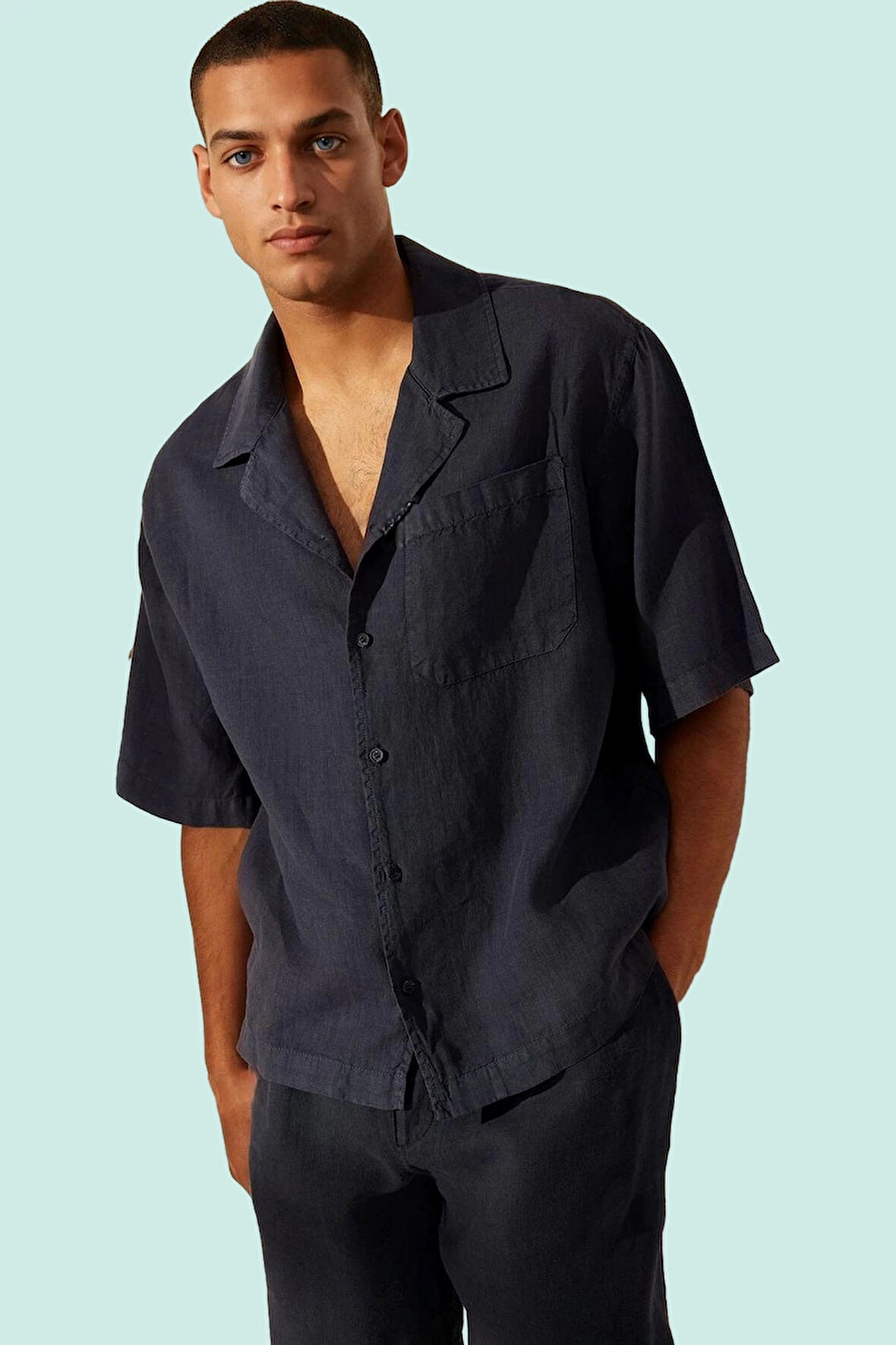 Erkek Keten Kısa Kollu Gömlek Regular Boy Oversize Apaş Yaka Günlük Kullanım İçin Hafta Sonu