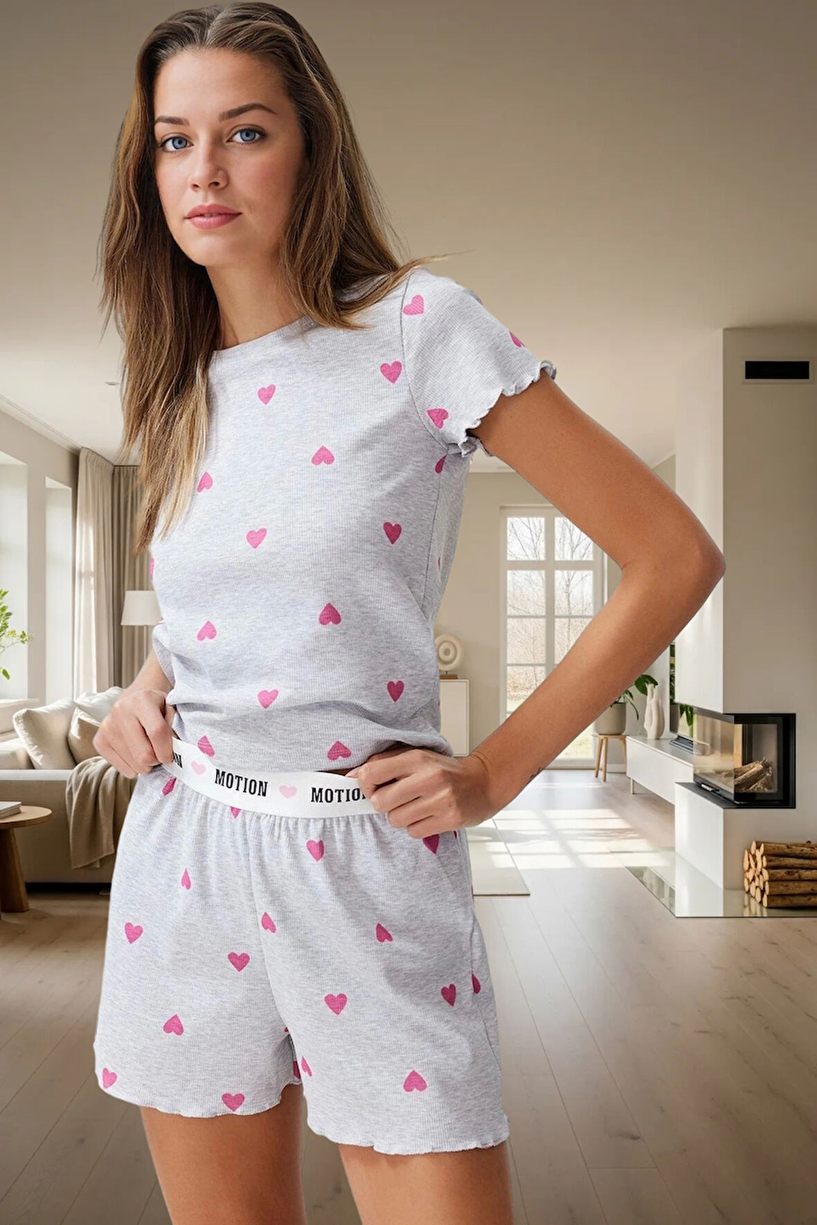 Rahat Yazlık Pijama Takımı Kalpli Desen Örme Kumaş Lastikli Şort Yüksek Kalite Mükemmel Uyum