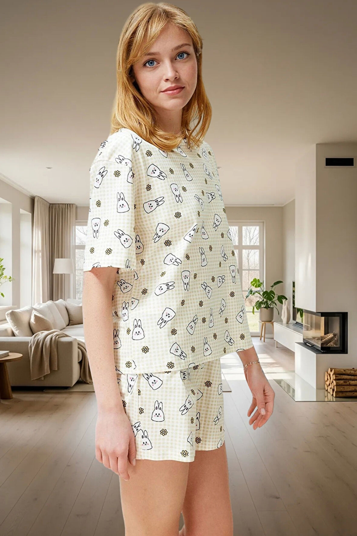 Yazlık %100 Pamuklu Tavşan Desenli Pijama Takımı Rahat ve Nefes Alabilir Günlük Kullanım İçin