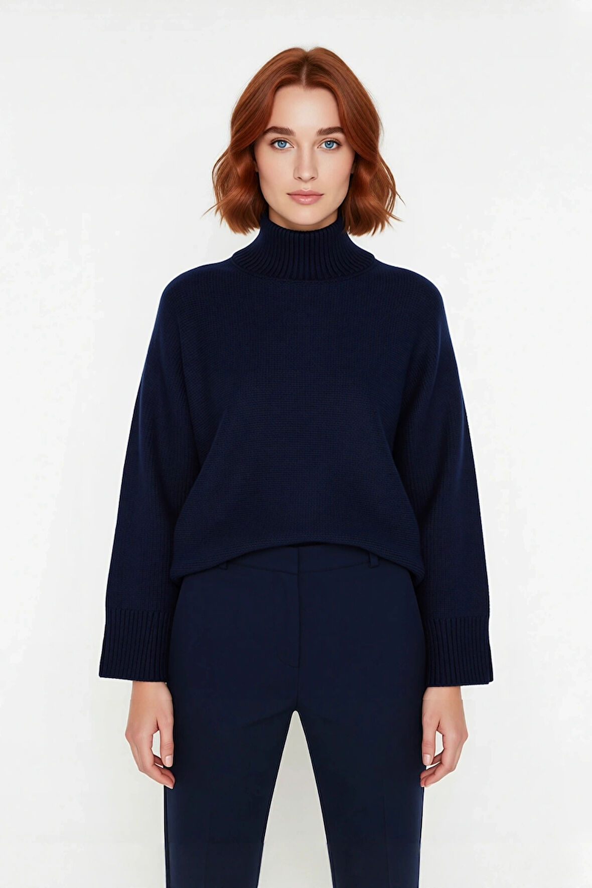 Kadın Oversize Dik Yaka Düz Triko Kazak Uzun Boylu ve Düşük Kollu Kışlık Rahat Günlük Giyim