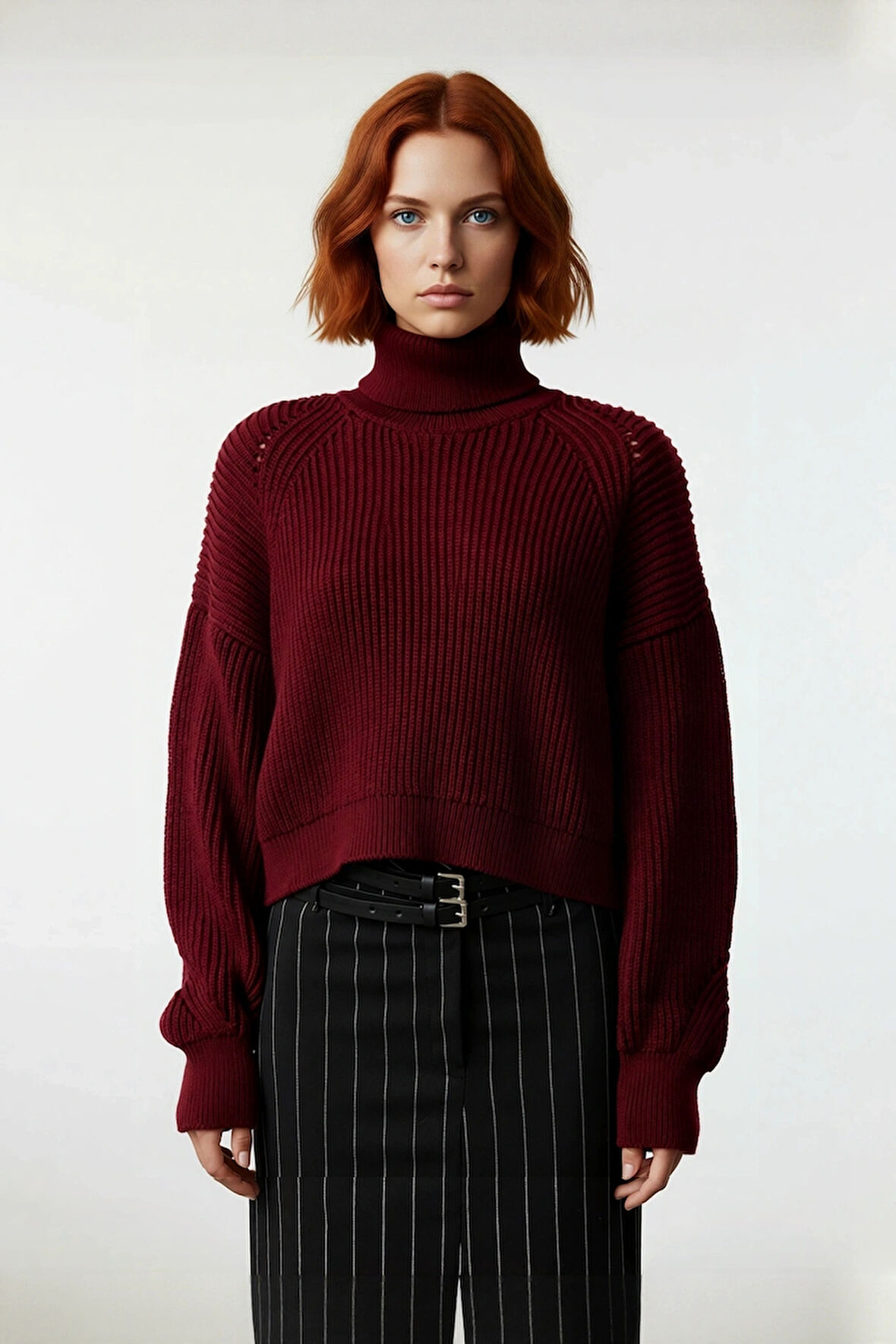 Şık Kadın Oversize Düz Bordo Balıkçı Yaka Crop Kesim 100% Akrilik Kışlık Triko Kazak Kaliteli