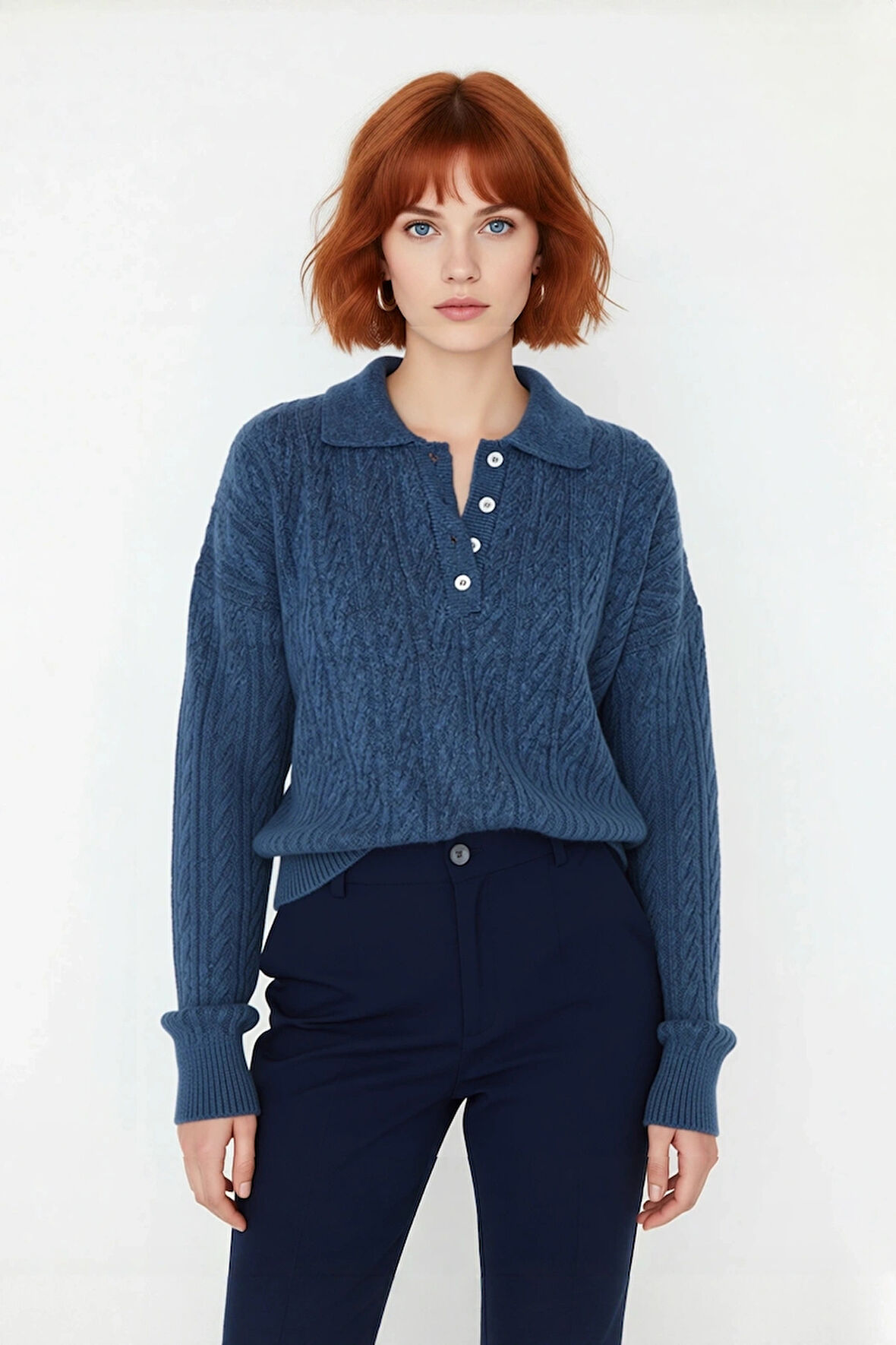 Kadın Oversize Triko Polo Yaka Saç Örgü Düşük Kollu Rahat Kışlık Basic Stil Kazak Kaliteli