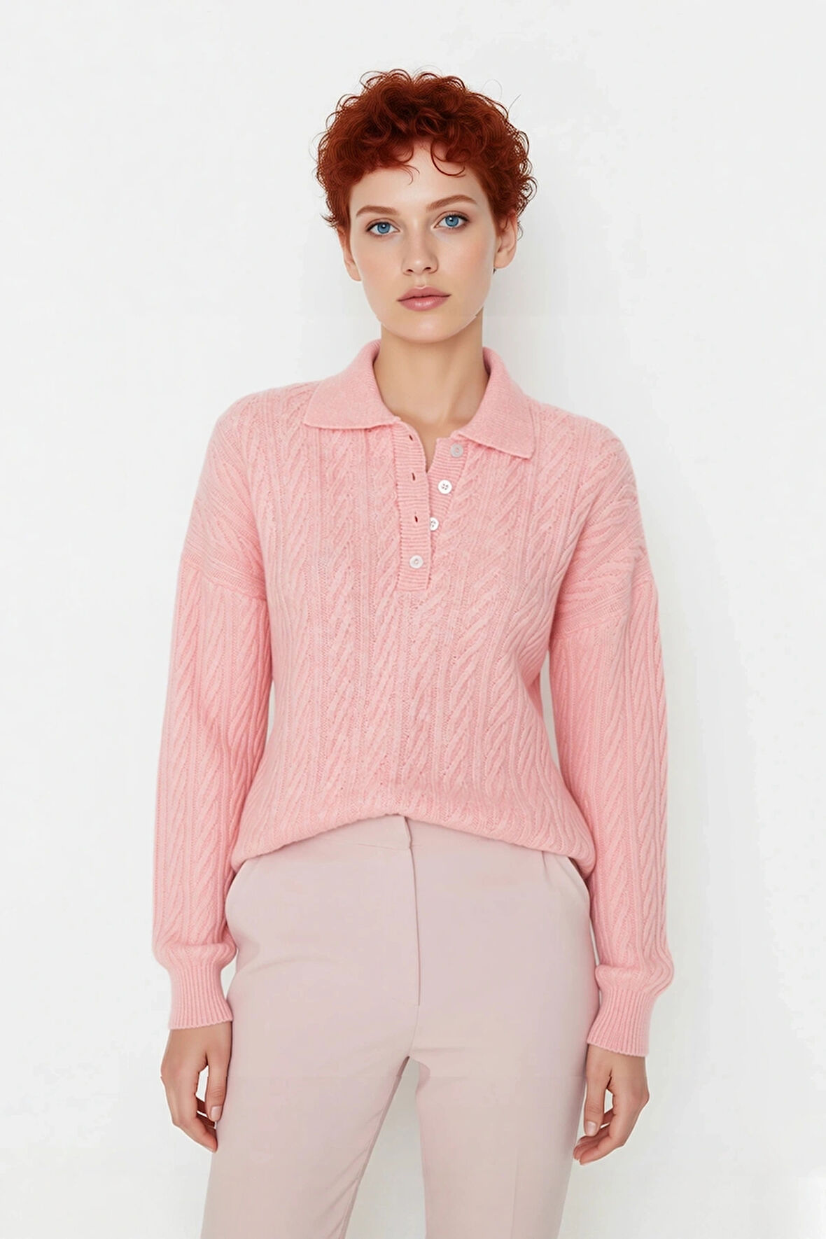 Kadın Oversize Triko Polo Yaka Saç Örgü Düşük Kollu Rahat Kışlık Basic Stil Kazak Kaliteli