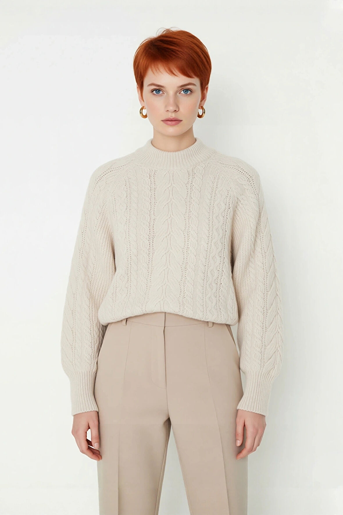 Kadınlara Özel Regular Kesim Saç Örgü Detaylı Triko Kazak Dik Yaka Balon Kol Kışlık Giyim Kaliteli