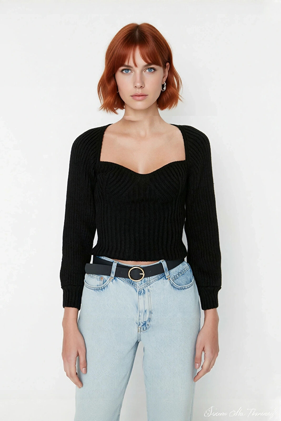 Kadın Kalp Yaka Crop Triko Kazak Regular Kalıp Uzun Kollu Fitilli Akrilik Günlük Şık Giyim