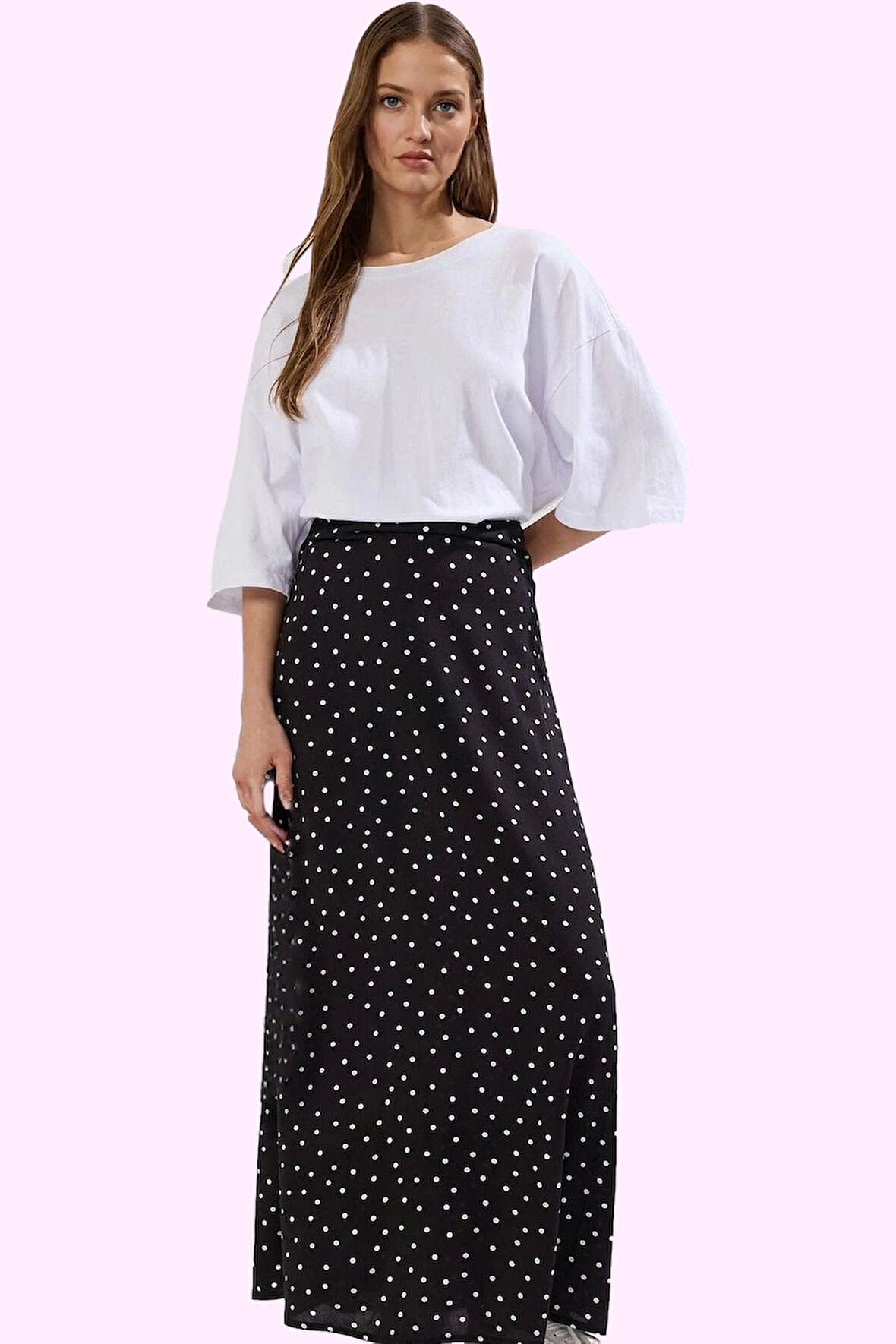 Kadın A line Shally Dokuma Etek Puantiyeli Desen Yazlık Yüksek Bel Yaz Aylarının Vazgeçilmezi