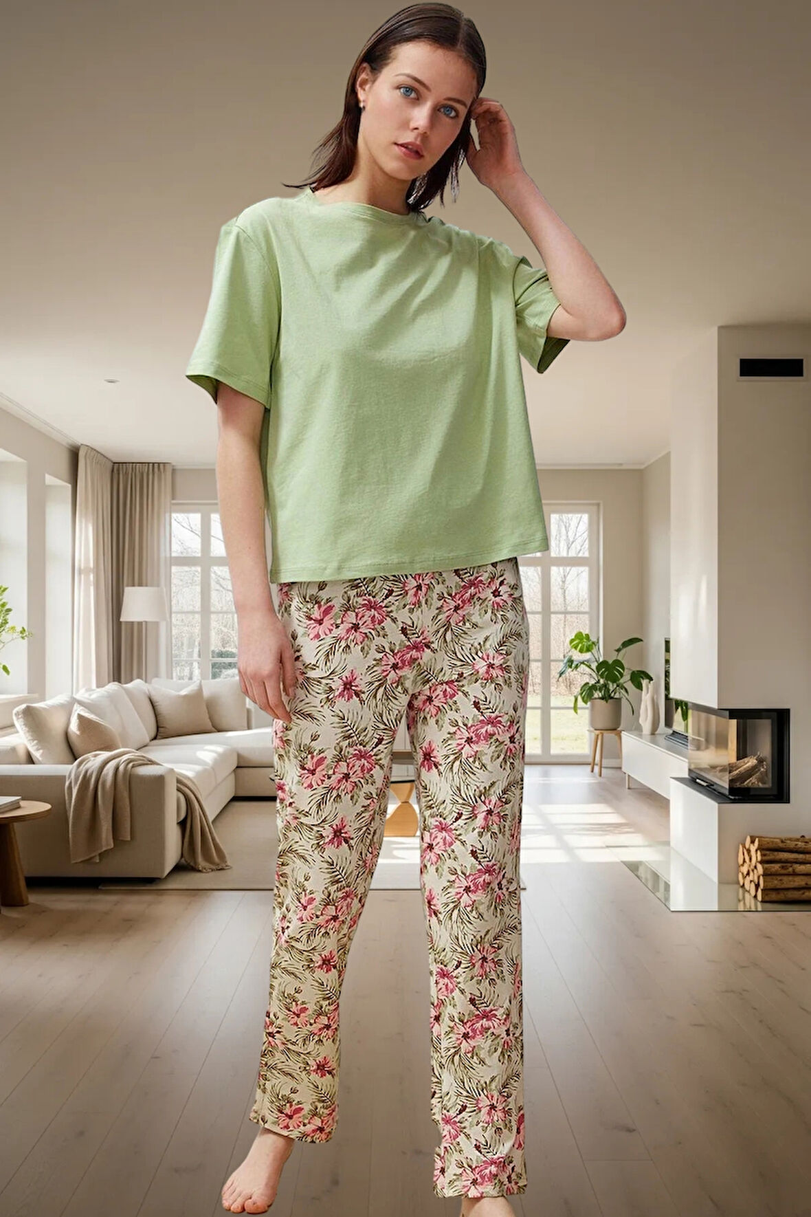 Pamuklu Çiçekli Pijama Takımı Rahat ve Şık Ev Giyim Seti Görünüm Özenle Seçilmiş Özel Tasarım