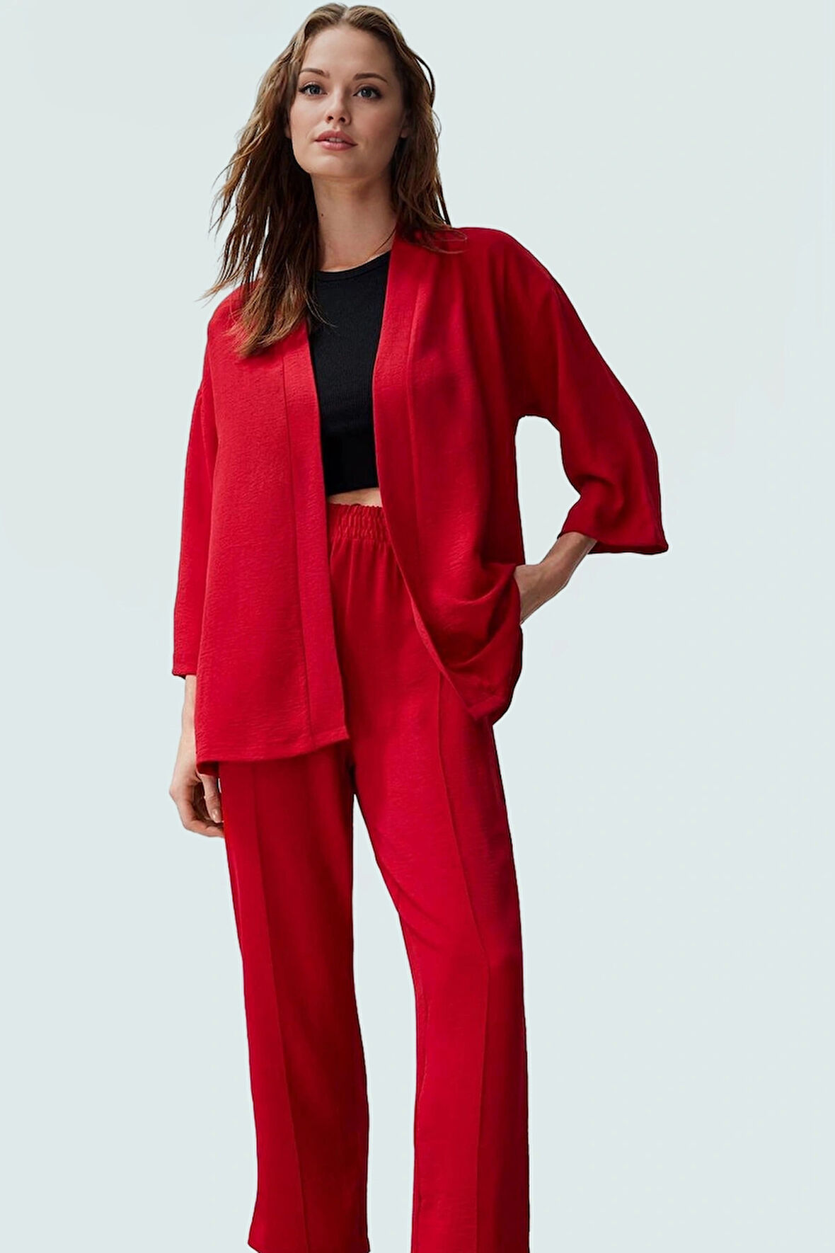 Şık Kimono Pantolon Takım; Polyester Dokuma Kumaş Regular Kalıp Trend Tasarım