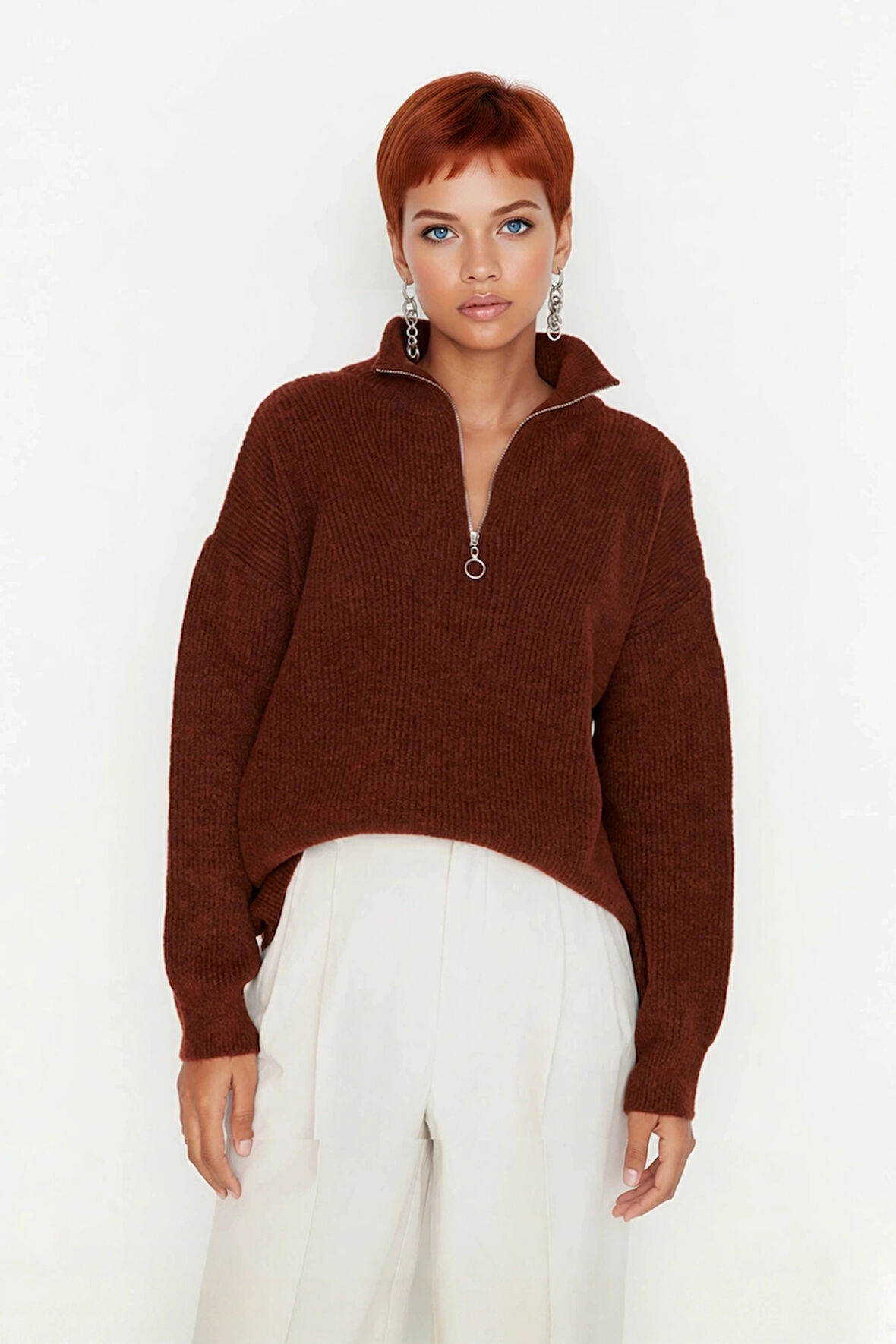 Kadın Oversize Basic Dokulu Uzun Kollu Fermuarlı Dik Yaka Selanik Örgü Triko Kazak Kaliteli