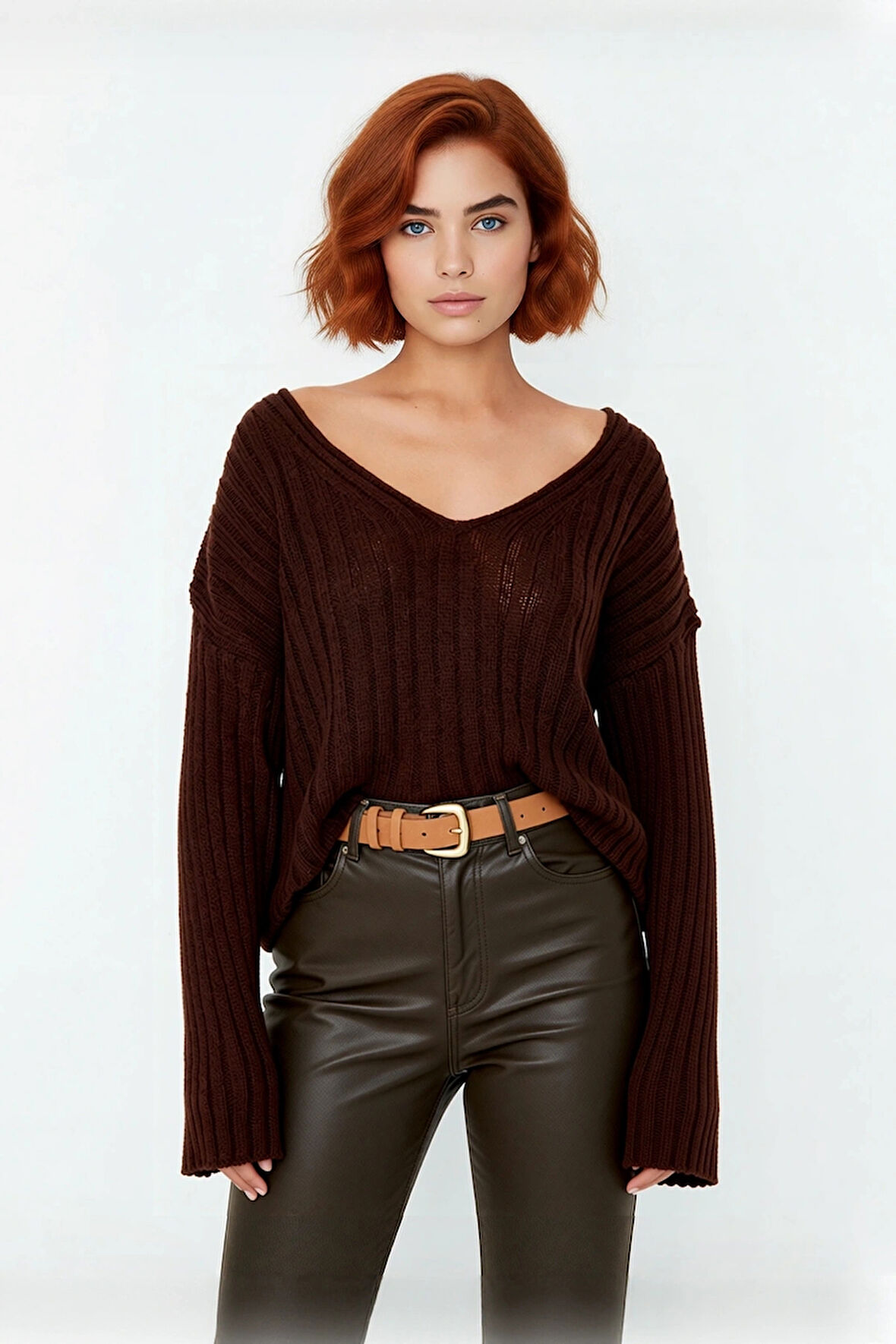 Kadın V Yaka Geniş Kalıp Yünlü Triko Kazak Uzun Kollu Fitilli Düz Basic Günlük Kombinlerin