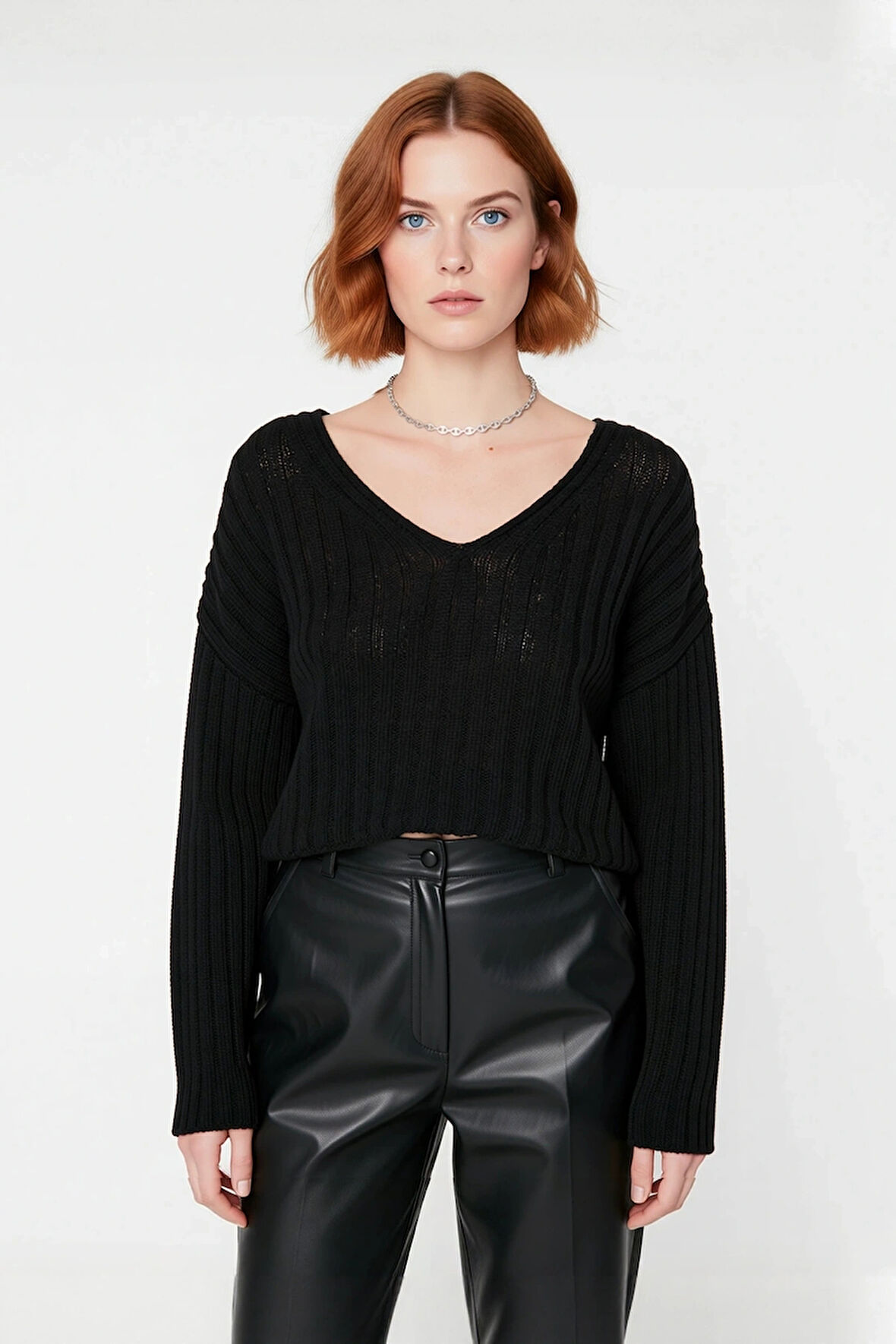 Kadın V Yaka Geniş Kalıp Yünlü Triko Kazak Uzun Kollu Fitilli Düz Basic Günlük Kombinlerin