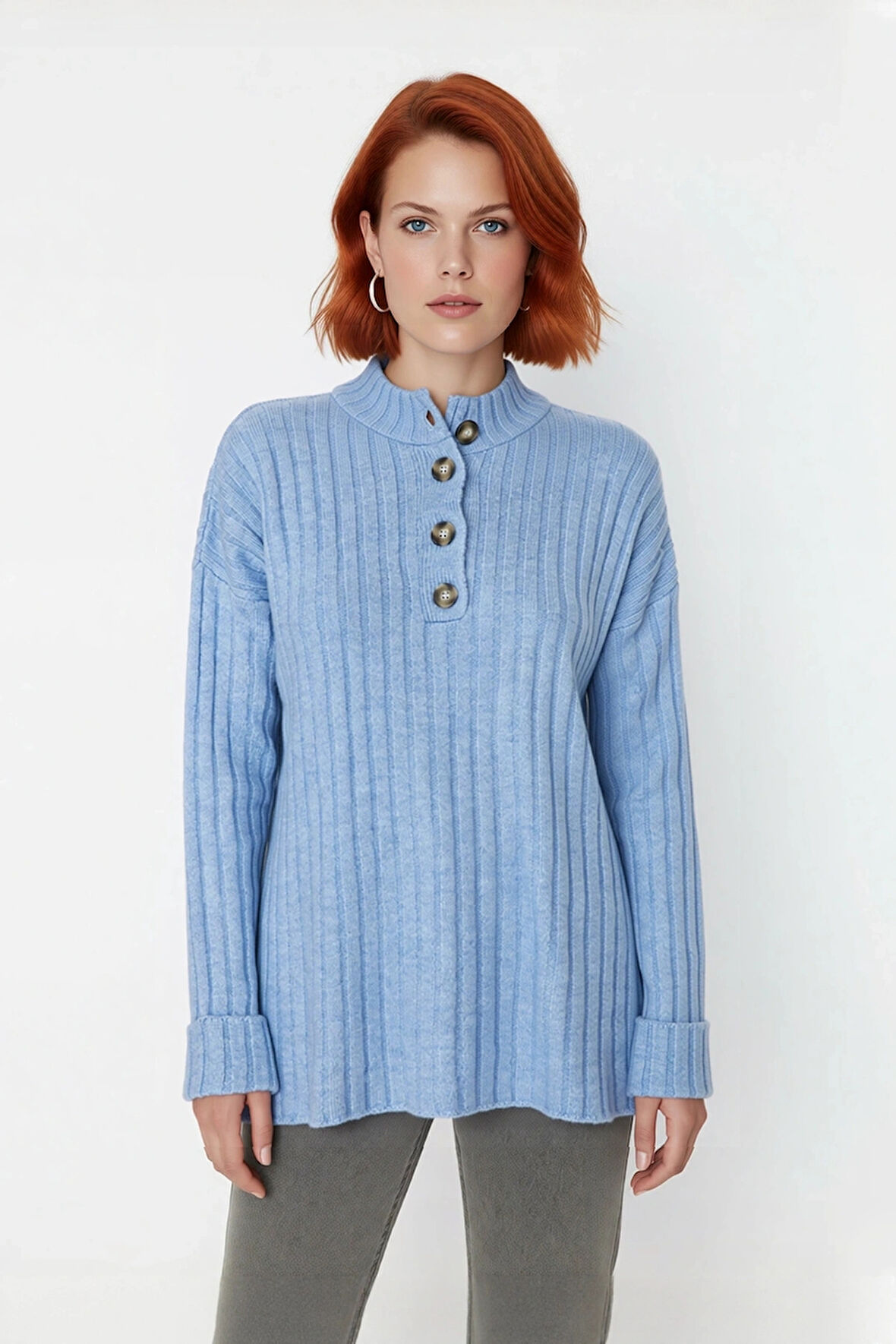 Kadın Casual Ekru Yarım Patlı Düşük Kol Fitilli Triko Kazak Soğuk Havaların Favorisi Kaliteli