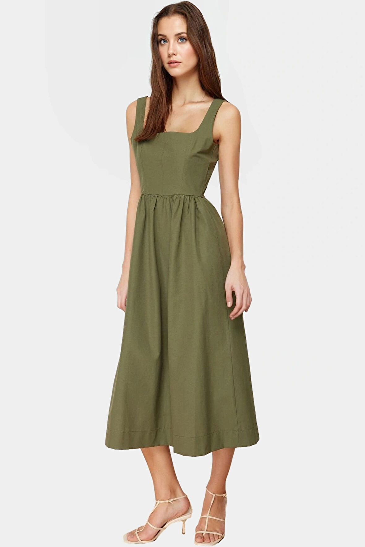 Dokuma Midi Elbise Skater Kalıp Kolsuz Belden Kaliteli İşçilik Rahat Ve Şık