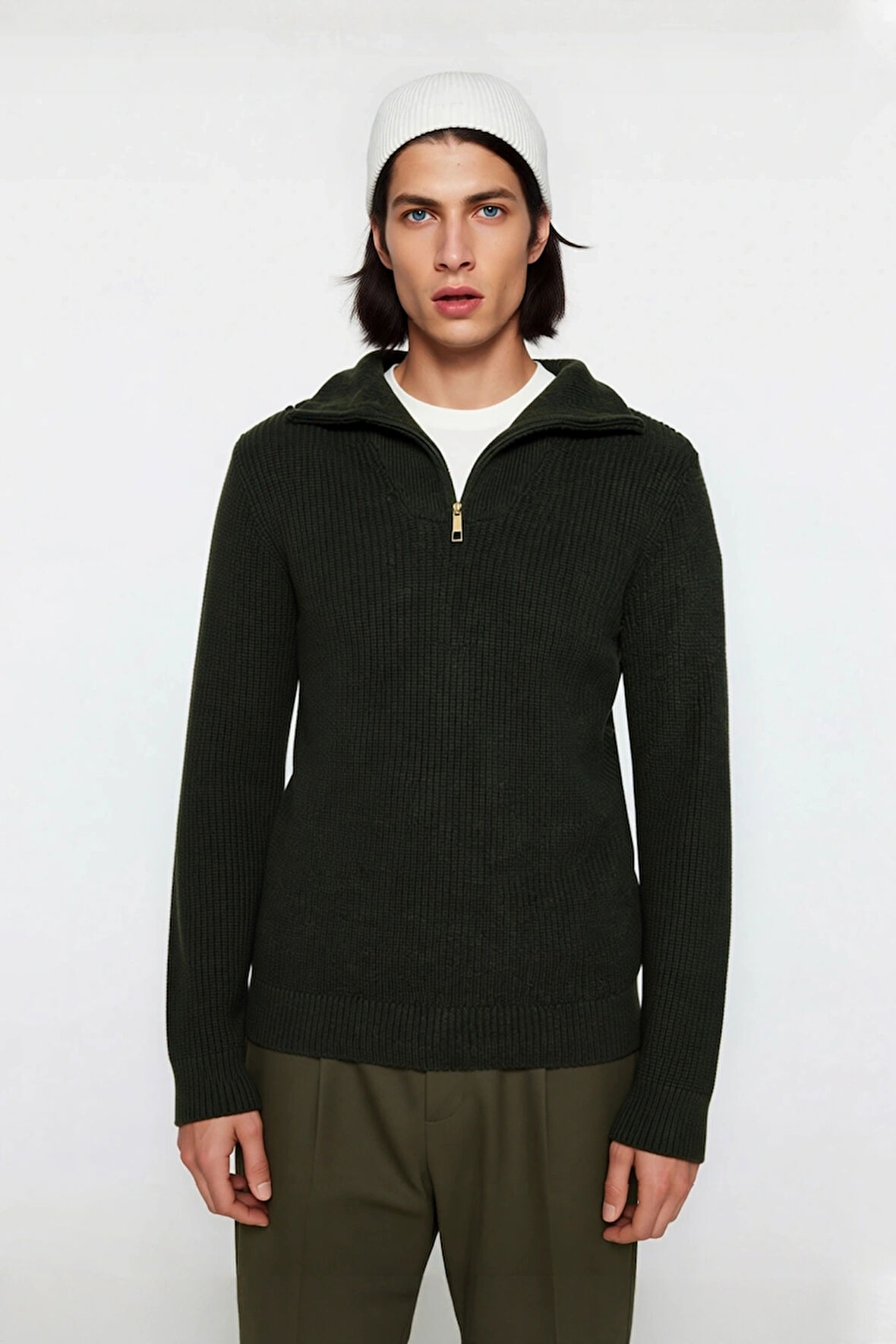 Erkeklerin Soğuk Havalarda Tercihi Regular Kalın Fermuarlı Dik Yaka Selanik Triko Kazak Modeli