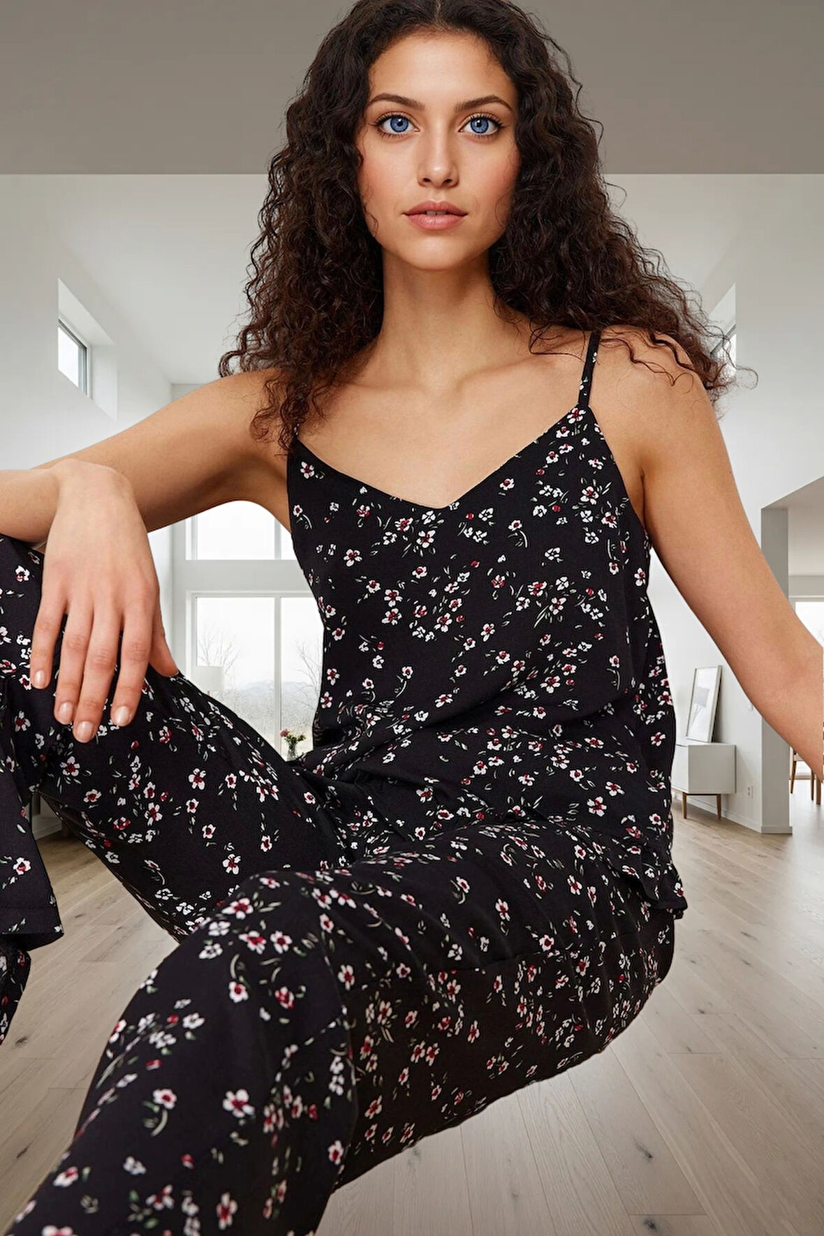 Rahat Kalıp Çiçek Desenli Viskoz Pijama Takımı Evde Konfor Konforlu Kesim Ve Şık