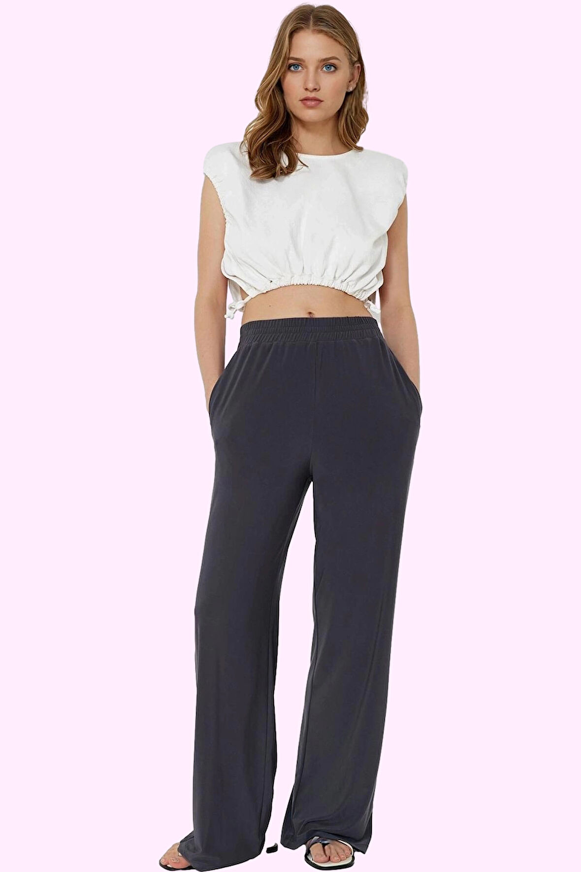 Kadın Yüksek Bel Geniş Paça Pantolon Rahat Kalıp Casual Günlük Kullanım Yaz Aylarının Vazgeçilmezi