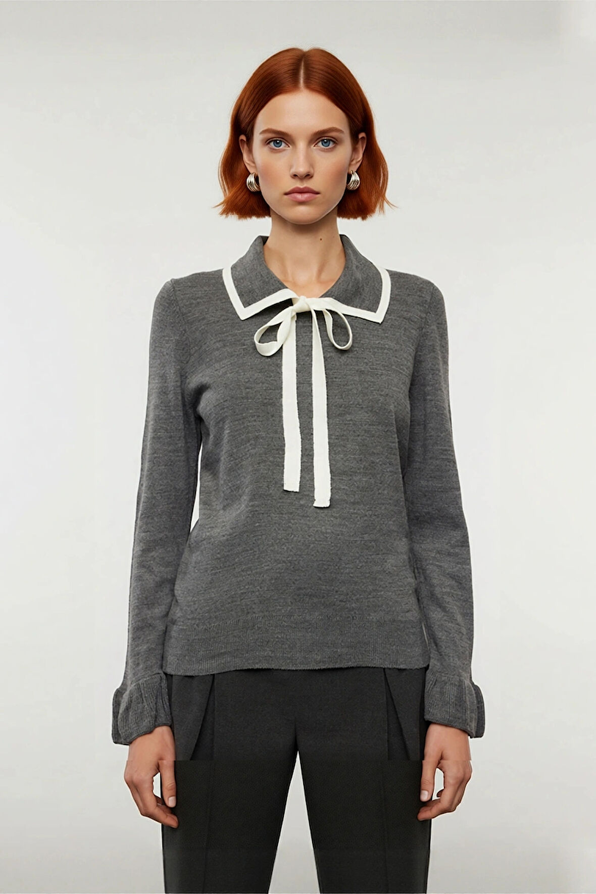 Kadın Polo Yaka Bağcıklı Triko Kazak Renk Bloklu Uzun Kollu Kışlık Ofis Şıklığı İçin Rahat Seçim