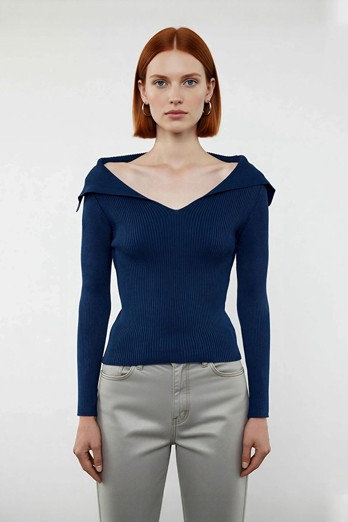 Kadın Şık Devrik Yaka Fitilli Triko Üst Fitted Kesim Uzun Kol Crop Model İlkbahar Sonbahar